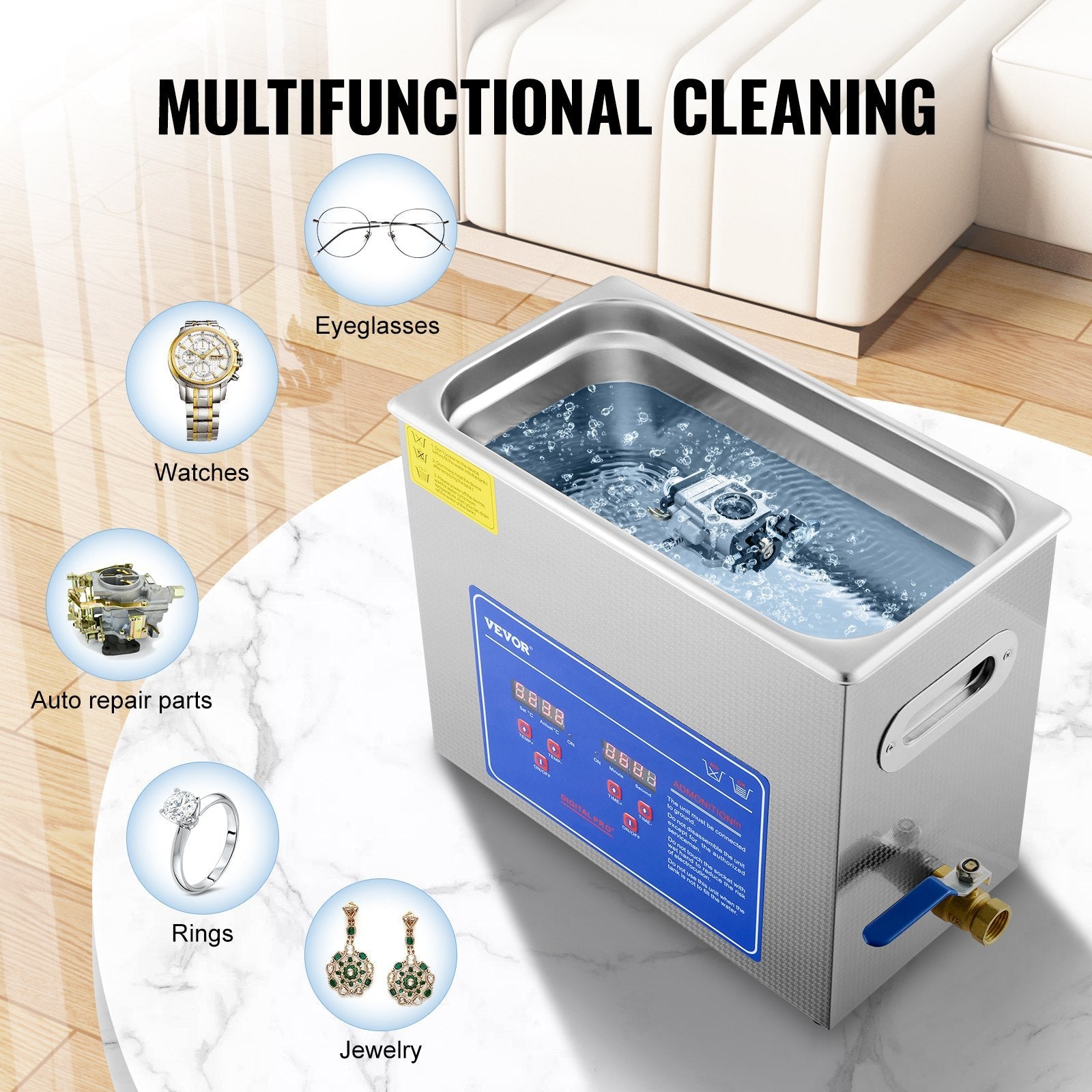 VEVOR Professional Ultrasonic Cleaner, 6 L Ultrasonic Jewelry Cleaner with Digital Timer & Heater, Stainless Steel Industrial Sonic Cleaner 40kHz for Glasses, Watches, Rings, Small Parts 