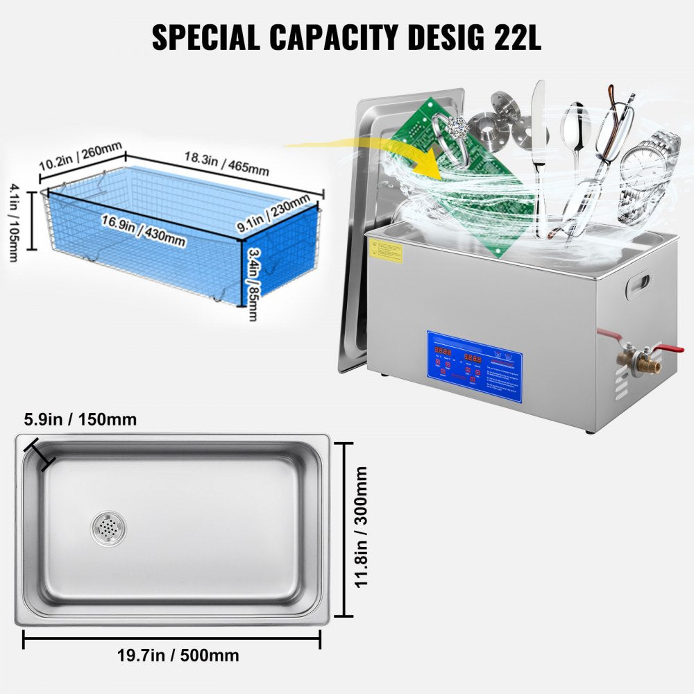 VEVOR 22L Industrial Ultrasonic Cleaner with Digital Timer&Heater 40kHz Professional Ultrasonic Cleaner 110V with Excellent Cleaning Effect for Wrench Tools Industrial Parts Mental Apparatus 
