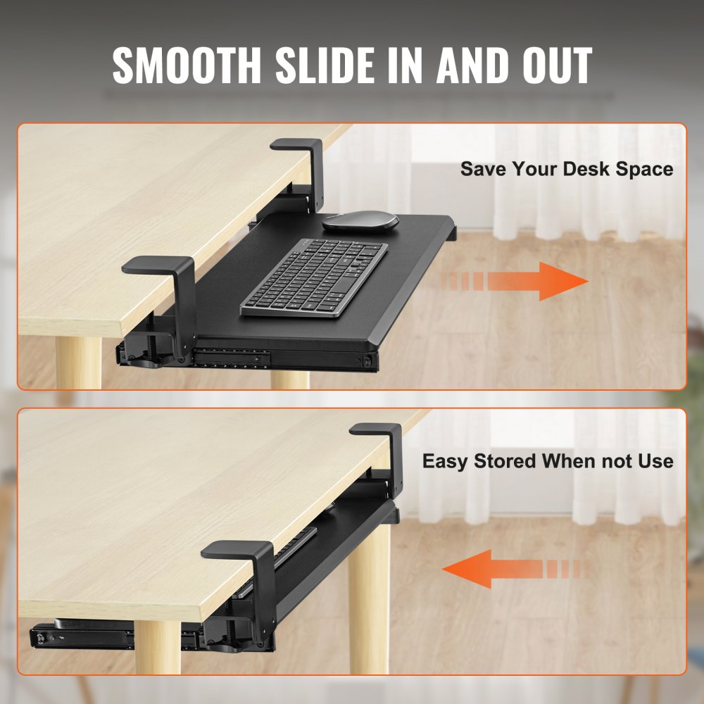 VEVOR Keyboard Tray Under Desk, Pull out Keyboard/Mouse Tray Under Desk with Sturdy No-drill C Clamp Mount, Large 26.8 x 11 inch Slide-out Computer Drawer for Typing in Home, Office Work 