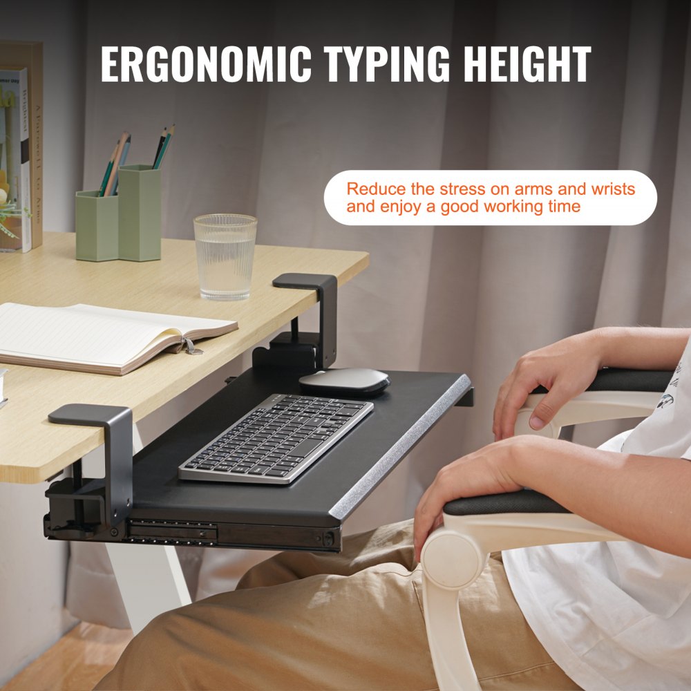 VEVOR Keyboard Tray Under Desk, Pull out Keyboard/Mouse Tray Under Desk with Sturdy No-drill C Clamp Mount, Large 26.8 x 11 inch Slide-out Computer Drawer for Typing in Home, Office Work 