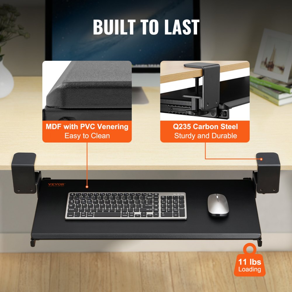 VEVOR Keyboard Tray Under Desk, Pull out Keyboard/Mouse Tray Under Desk with Sturdy No-drill C Clamp Mount, Large 26.8 x 11 inch Slide-out Computer Drawer for Typing in Home, Office Work 
