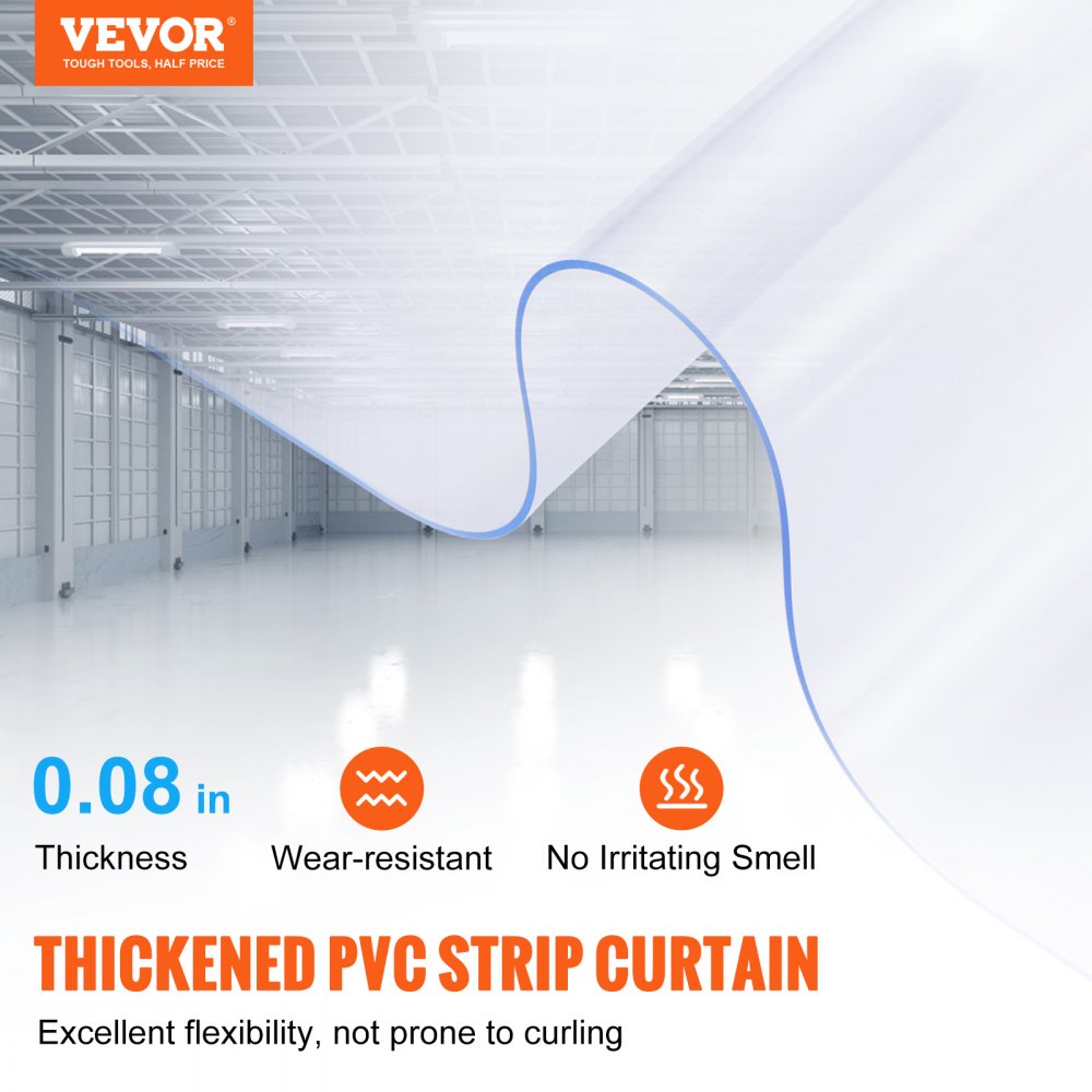 VEVOR Strip Curtain, 150' Length x 8" Width x 0.08" Thickness, Clear PVC Smooth Curtain Strip Door Bulk Roll, Plastic Door Strips for Doorways of Supermarket, Garage, Warehouse, Barn, Pet Animal House 