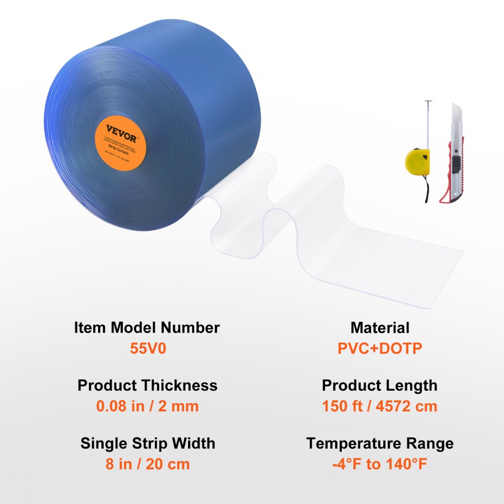 VEVOR Strip Curtain, 150' Length x 8" Width x 0.08" Thickness, Clear PVC Smooth Curtain Strip Door Bulk Roll, Plastic Door Strips for Doorways of Supermarket, Garage, Warehouse, Barn, Pet Animal House 