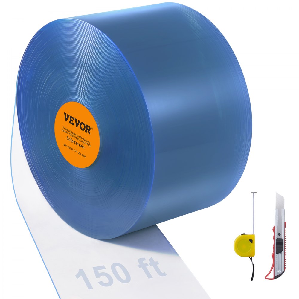 VEVOR Strip Curtain, 150' Length x 8" Width x 0.08" Thickness, Clear PVC Smooth Curtain Strip Door Bulk Roll, Plastic Door Strips for Doorways of Supermarket, Garage, Warehouse, Barn, Pet Animal House 