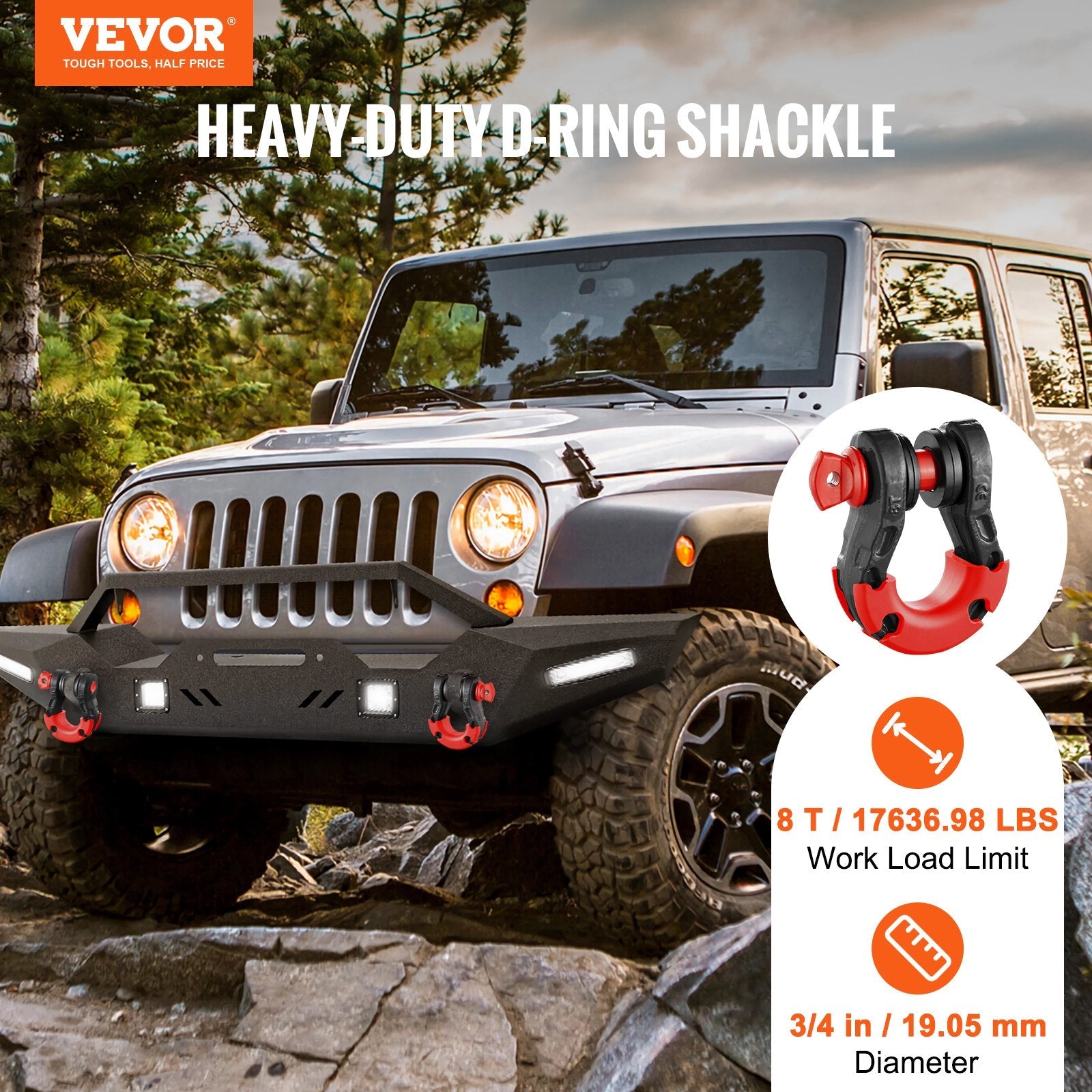 VEVOR 3/4" D-Ring Shackle, 2 Pack Alloy Steel Shackles 66139 lbs (30 Ton) Break Strength with 7/8" Screw Pin, Isolators & Washers, Heavy Duty Off Road Vehicle Recovery Shackle for Jeep Truck, Black 