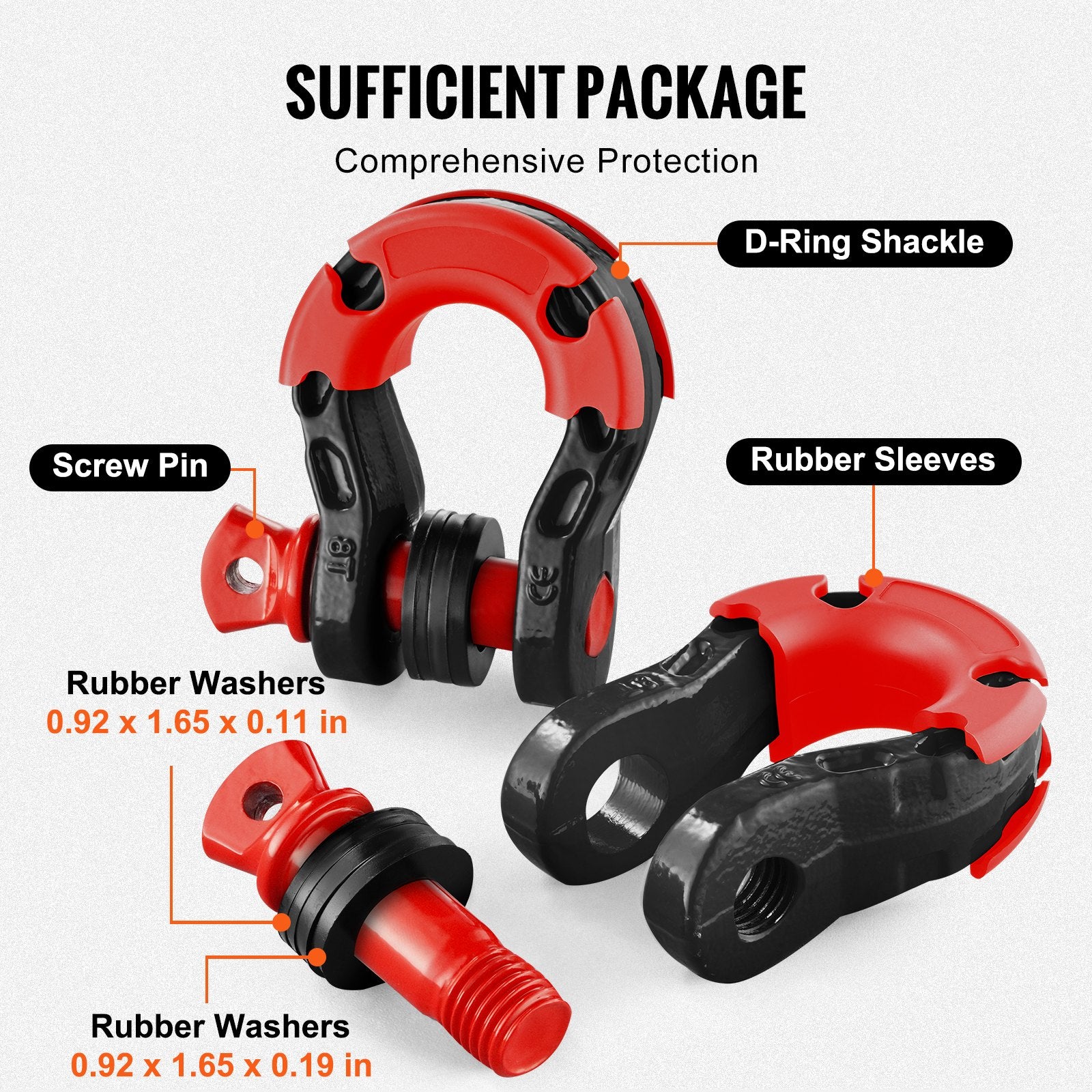 VEVOR 3/4" D-Ring Shackle, 2 Pack Alloy Steel Shackles 66139 lbs (30 Ton) Break Strength with 7/8" Screw Pin, Isolators & Washers, Heavy Duty Off Road Vehicle Recovery Shackle for Jeep Truck, Black 