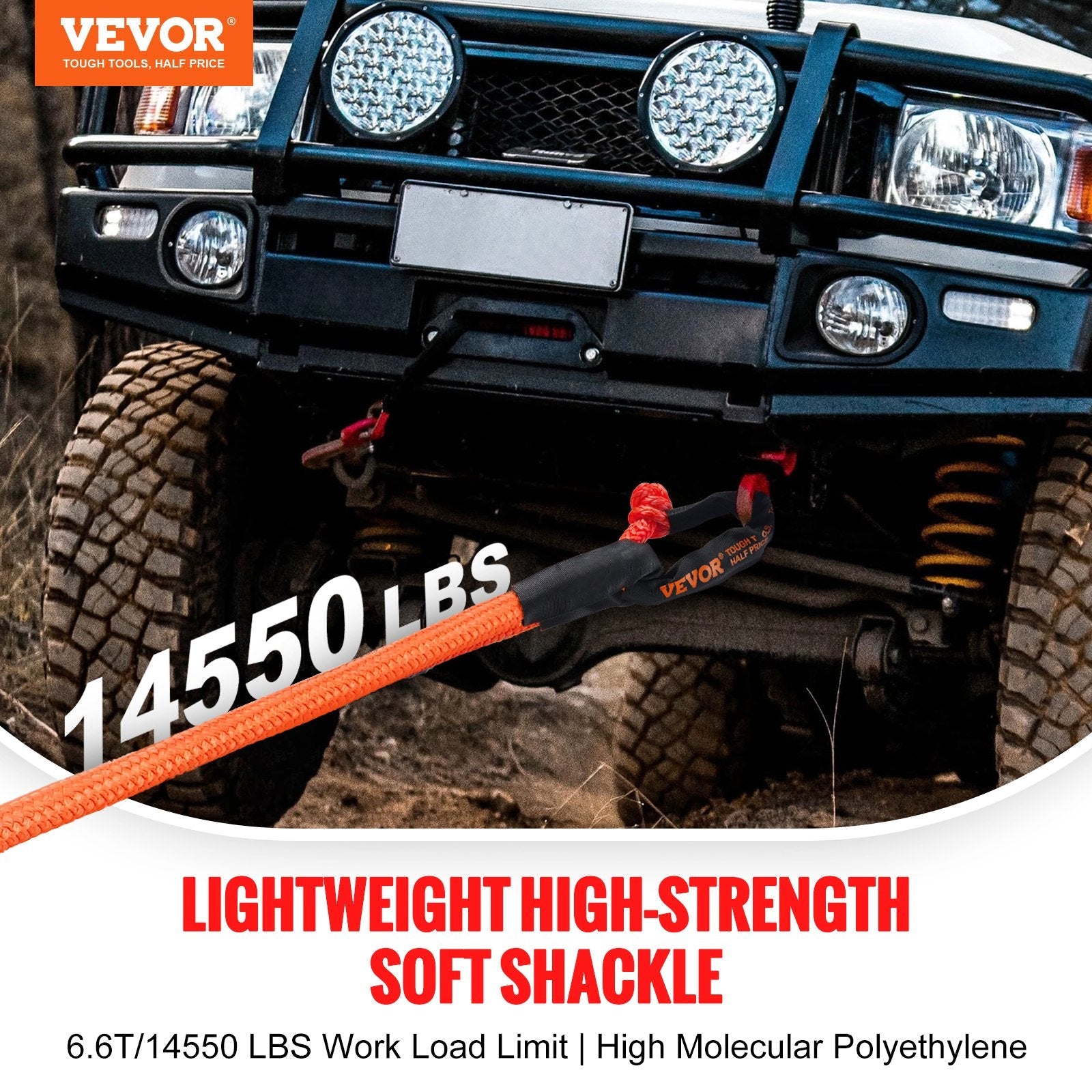 VEVOR Soft Shackle Synthetic Recovery Rope 2PCS 1/2"x22" 44092lbs Break Strength 