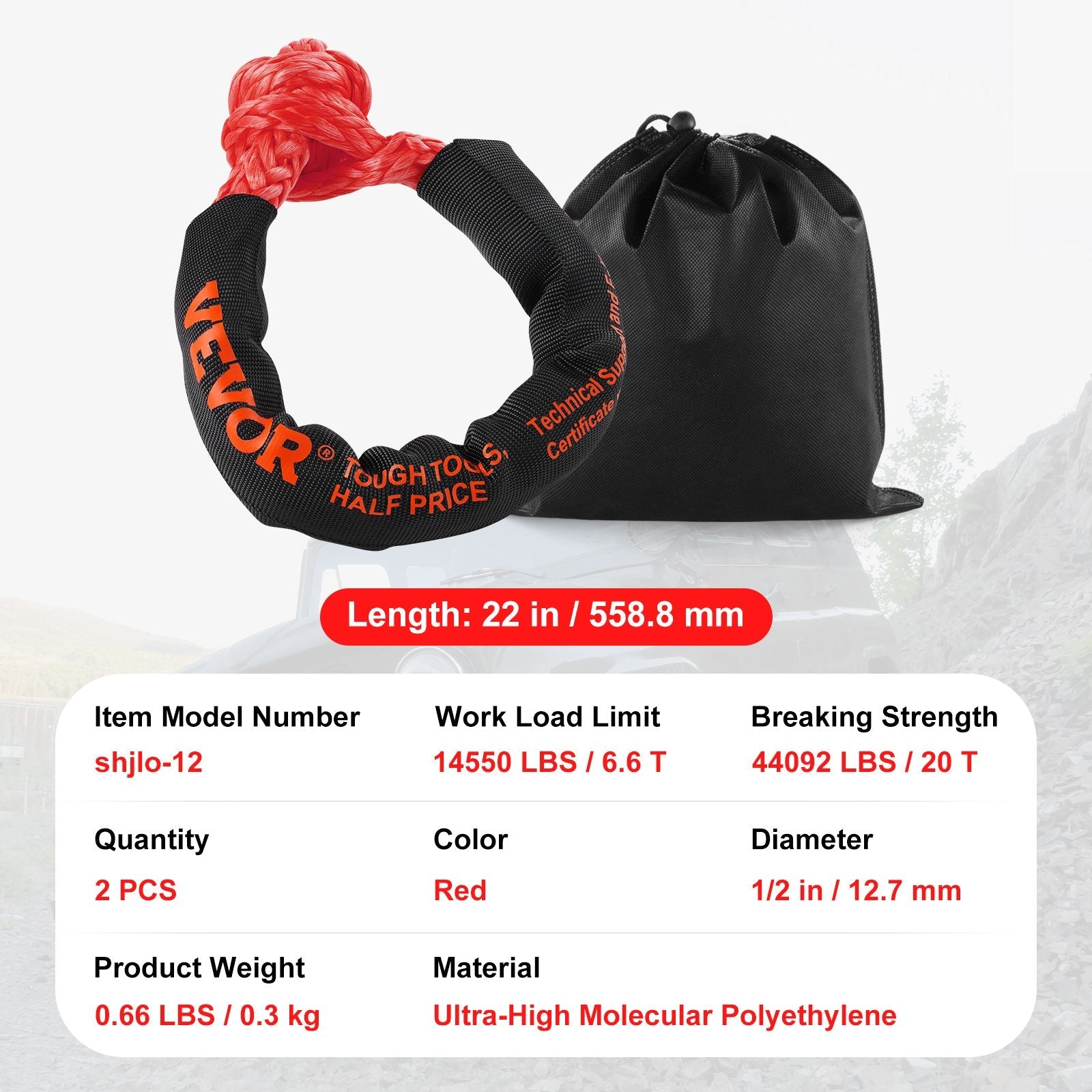 VEVOR Soft Shackle Synthetic Recovery Rope 2PCS 1/2"x22" 44092lbs Break Strength 