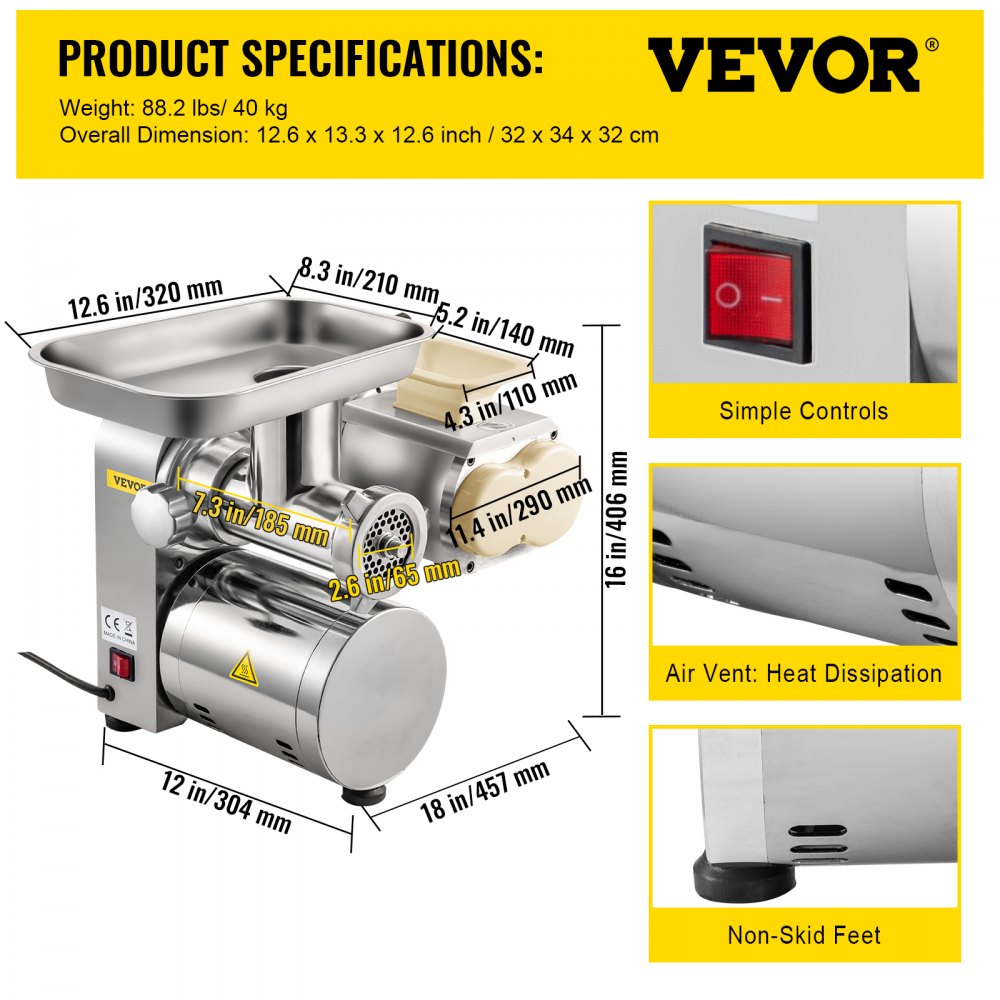 VEVOR Electric Meat Grinder, 160 kg/h Commercial Meat Slicer, Stainless Steel 1100W Meat Cutter Machine Meat Grinder, Commercial Heavy Duty Sausage Maker Grinder Meat Mincer for Commercial 