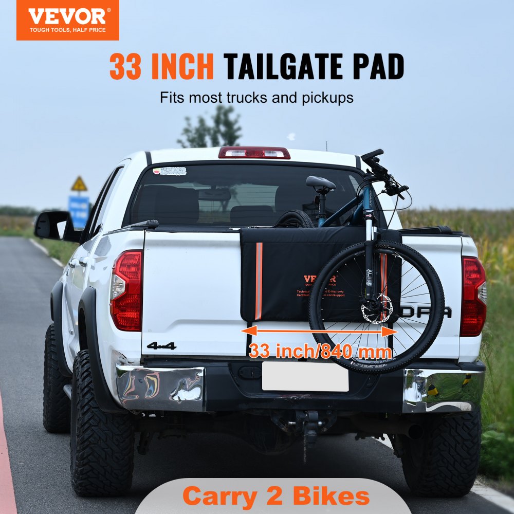 VEVOR Tailgate Bike Pad, 33" Truck Tailgate Pad Carry 2 Mountain Bikes, Tailgate Protection Pad with Reflective Strips and Tool Pockets, Universal Tailgate Pad for Small-Size Pickup Trucks 