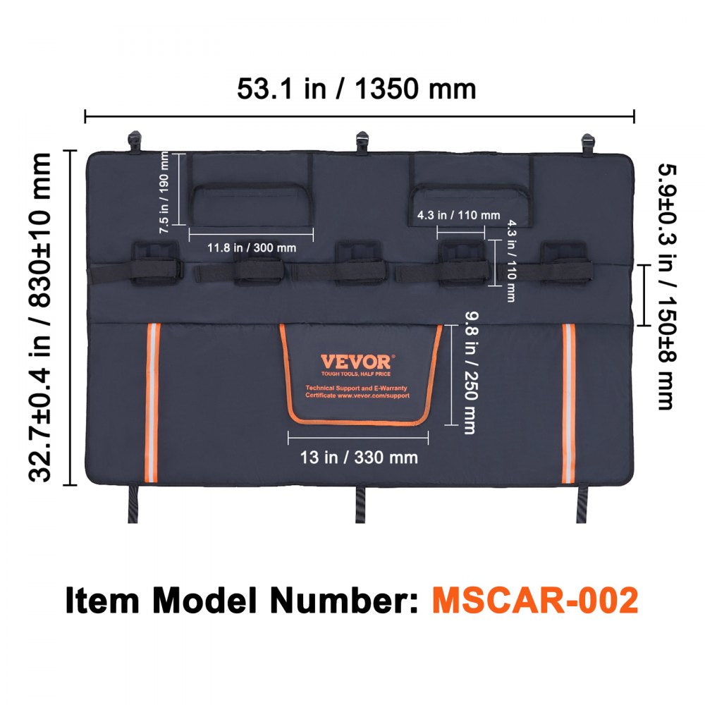 VEVOR Tailgate Bike Pad, 53" Truck Tailgate Pad Carry 5 Mountain Bikes, Tailgate Protection Pad with Reflective Strips and Tool Pockets, Tailgate Pad with Camera Opening for Mid-Size Pickup Trucks 