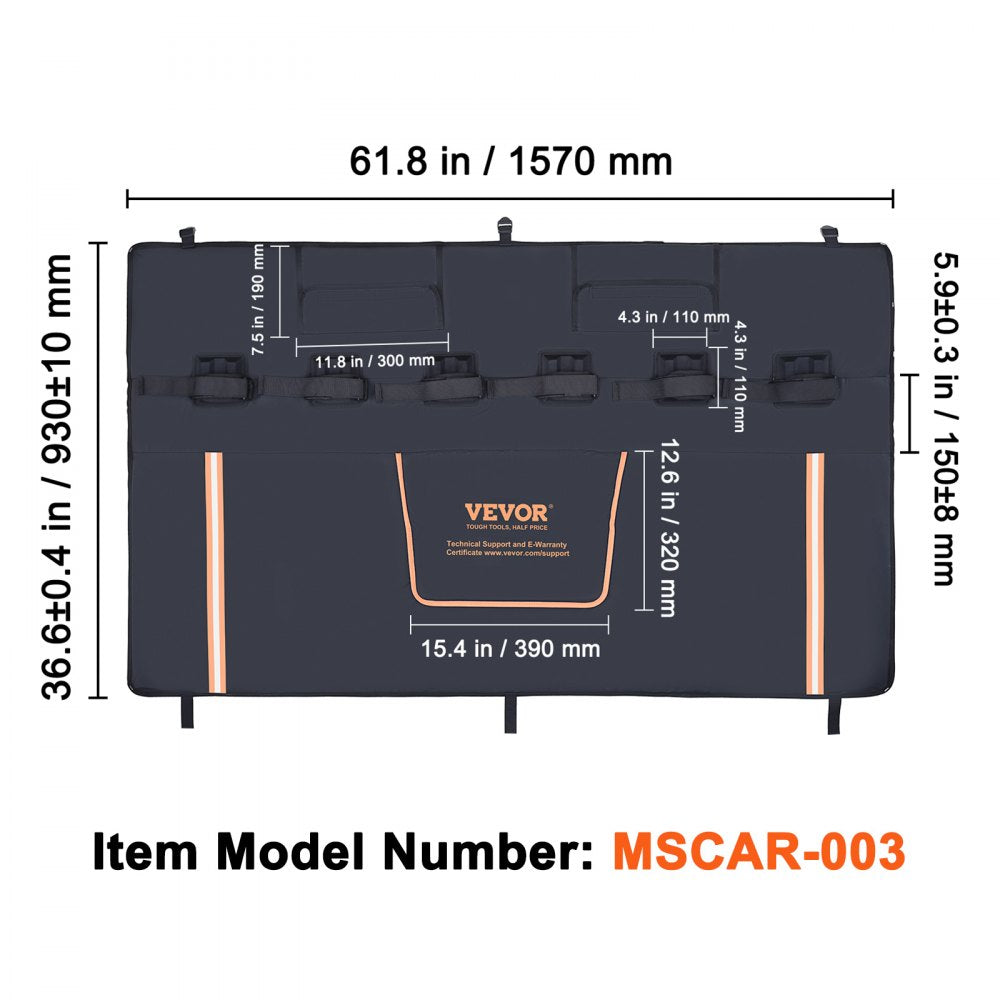 VEVOR Tailgate Bike Pad, 62" Truck Tailgate Pad Carry 6 Mountain Bikes, Tailgate Protection Pad with Reflective Strips and Tool Pockets, Flap for Handle and Rear Camera, for Mid-Size Pickup Trucks 