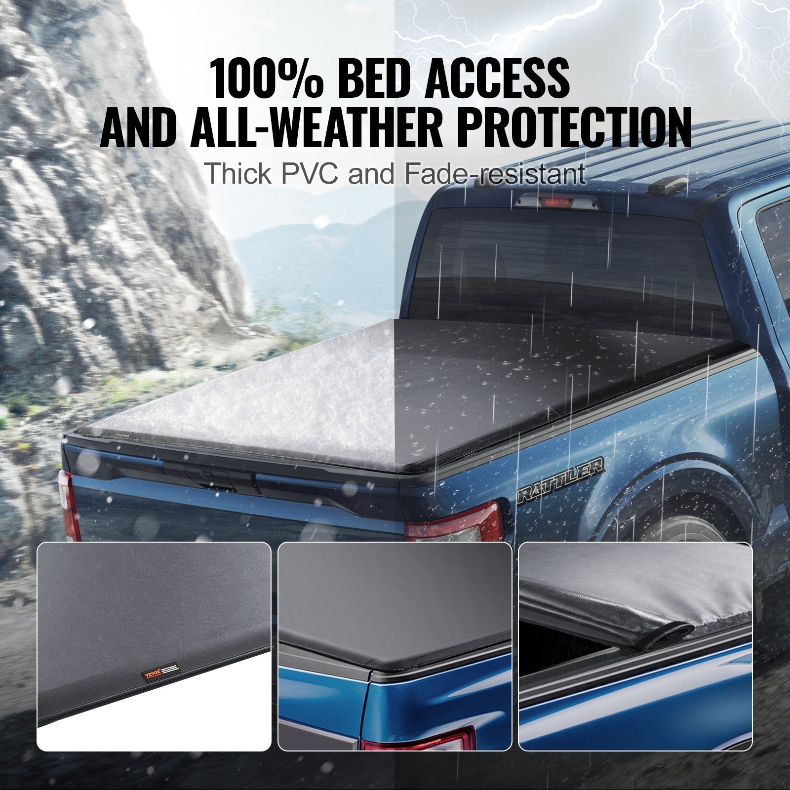 VEVOR Truck Bed Cover, Roll Up Truck Bed Tonneau Cover, Compatible with 2009-2024 Ford F-150 Styleside Bed, for 5.5 x 5.4 ft Bed, Soft PVC material, 100% Bed Access Roll Up Tonneau Cover 