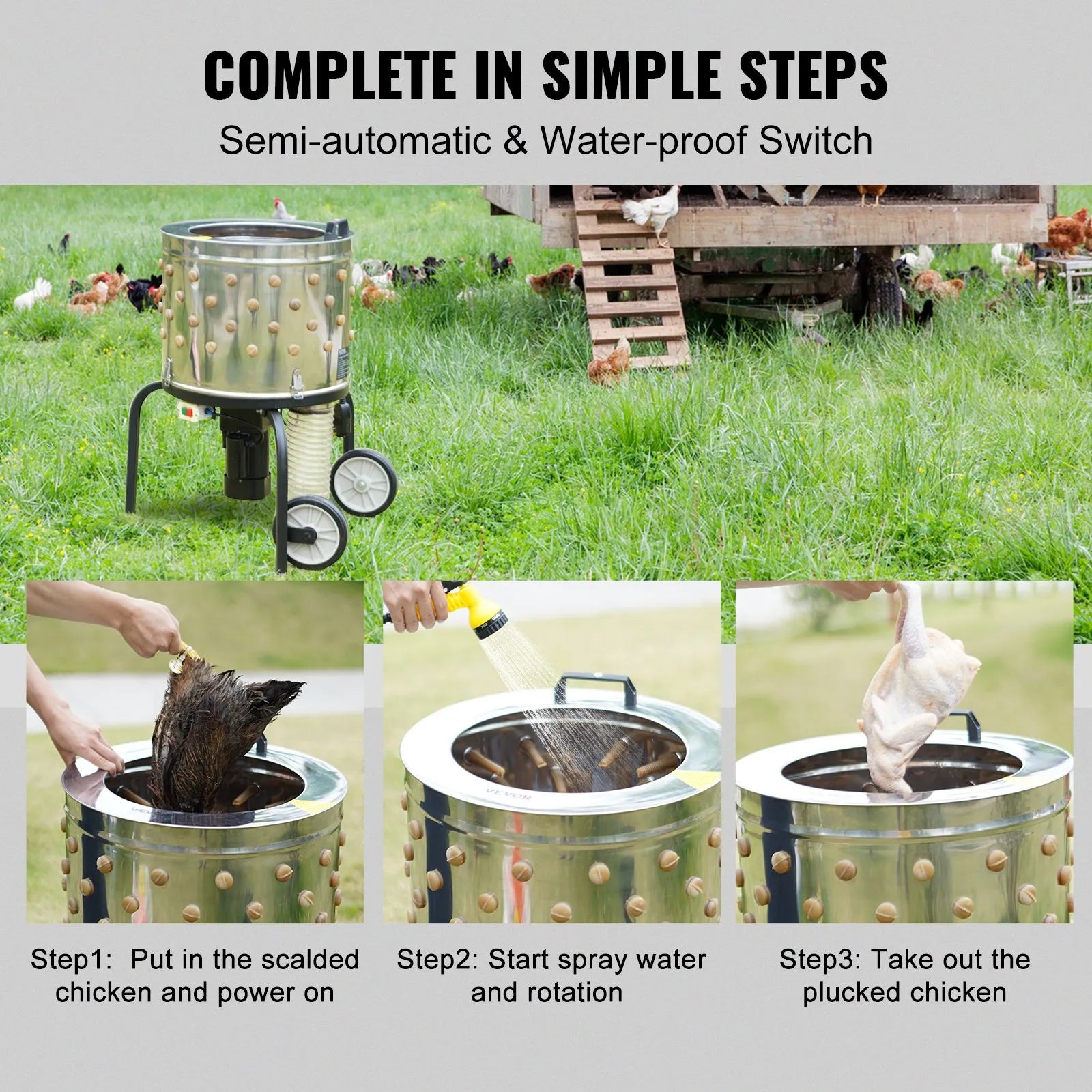 VEVOR Chicken Plucker Machine, 20" Diameter Stainless Steel Drum, Defeathering Equipment with 108 Soft Fingers and 2 Large Wheels, Simple Debris Collection, 500W Motor for Efficient Poultry Plucking