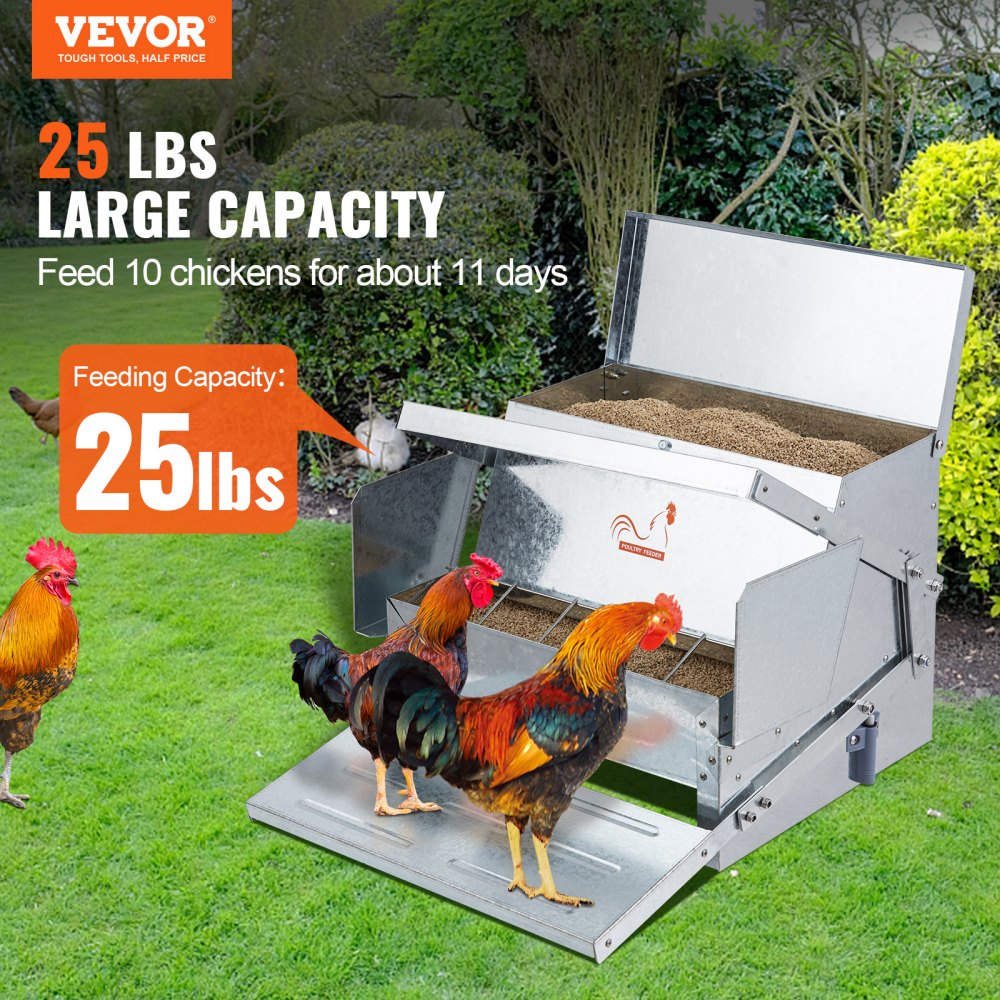 VEVOR Automatic Chicken Feeder, 25 lbs Capacity Feeds 10 Chickens up to 11 Days, Galvanized Steel Poultry Feeder 