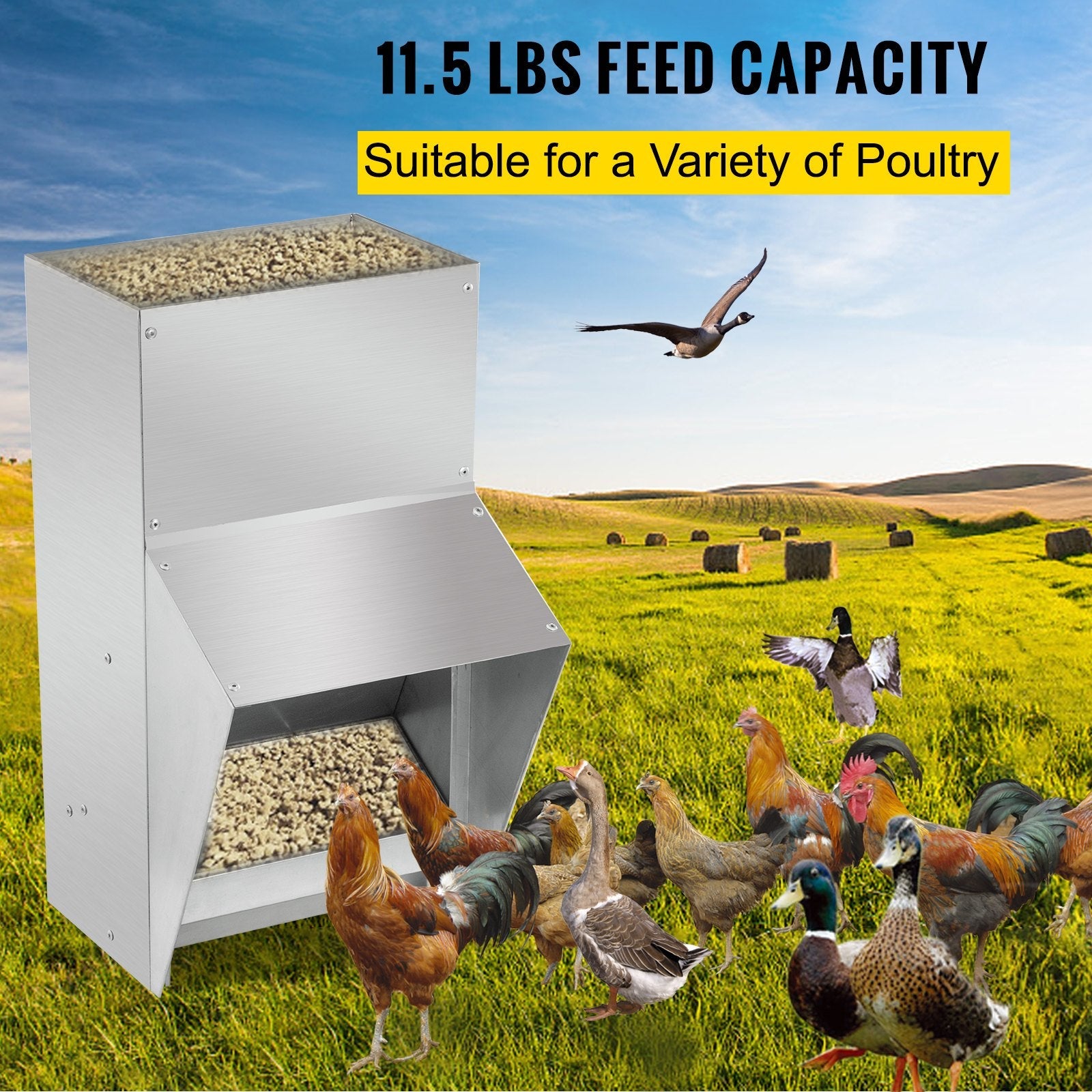 VEVOR Galvanized Poultry Feeder Holds 11.5lbs of Feed Chicken Feeders No Waste 6.3x8.3x12.9in Hanging Chicken Feeder with Lid Weatherproof Outdoor Coop Food Dispenser for Duck 