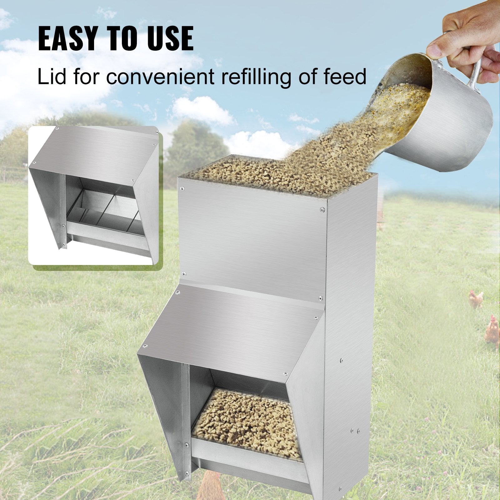 VEVOR Galvanized Poultry Feeder Holds 11.5lbs of Feed Chicken Feeders No Waste 6.3x8.3x12.9in Hanging Chicken Feeder with Lid Weatherproof Outdoor Coop Food Dispenser for Duck 