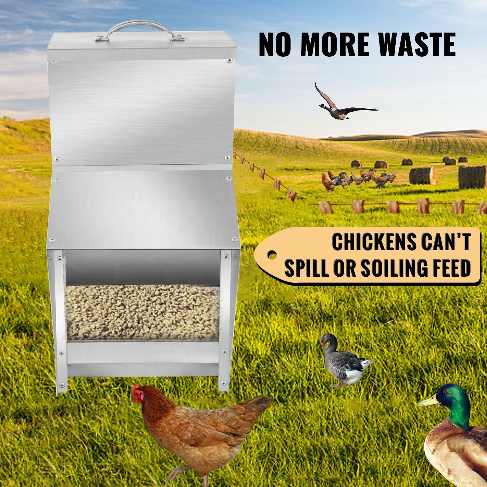 VEVOR Galvanized Poultry Feeder Holds 11.5lbs of Feed Chicken Feeders No Waste 6.3x8.3x12.9in Hanging Chicken Feeder with Lid Weatherproof Outdoor Coop Food Dispenser for Duck 