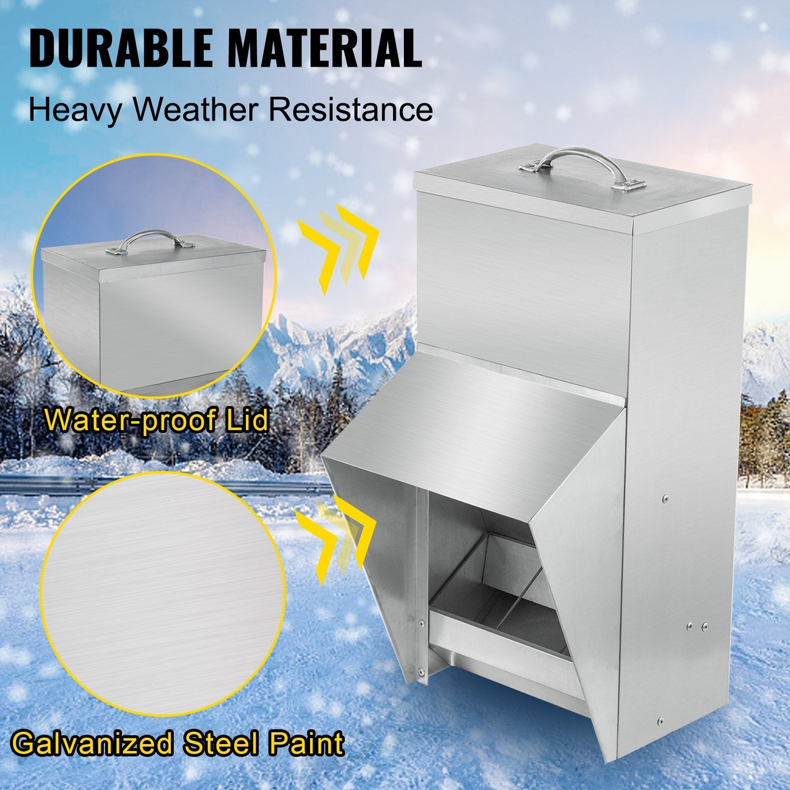 VEVOR Galvanized Poultry Feeder Holds 25lbs of Feed Chicken Feeders No Waste 12.9x8.3x18.9in Hanging Chicken Feeder with Lid Weatherproof Outdoor Coop Food Dispenser for Duck 