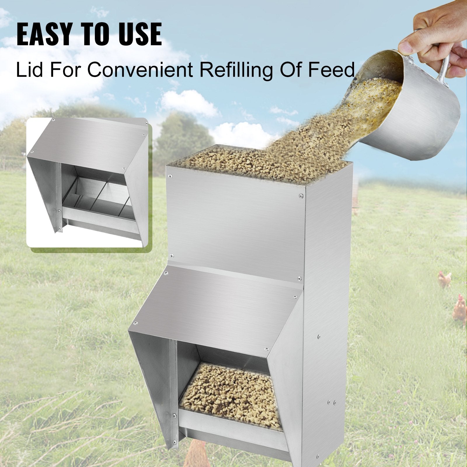 VEVOR Galvanized Poultry Feeder Holds 25lbs of Feed Chicken Feeders No Waste 12.9x8.3x18.9in Hanging Chicken Feeder with Lid Weatherproof Outdoor Coop Food Dispenser for Duck 