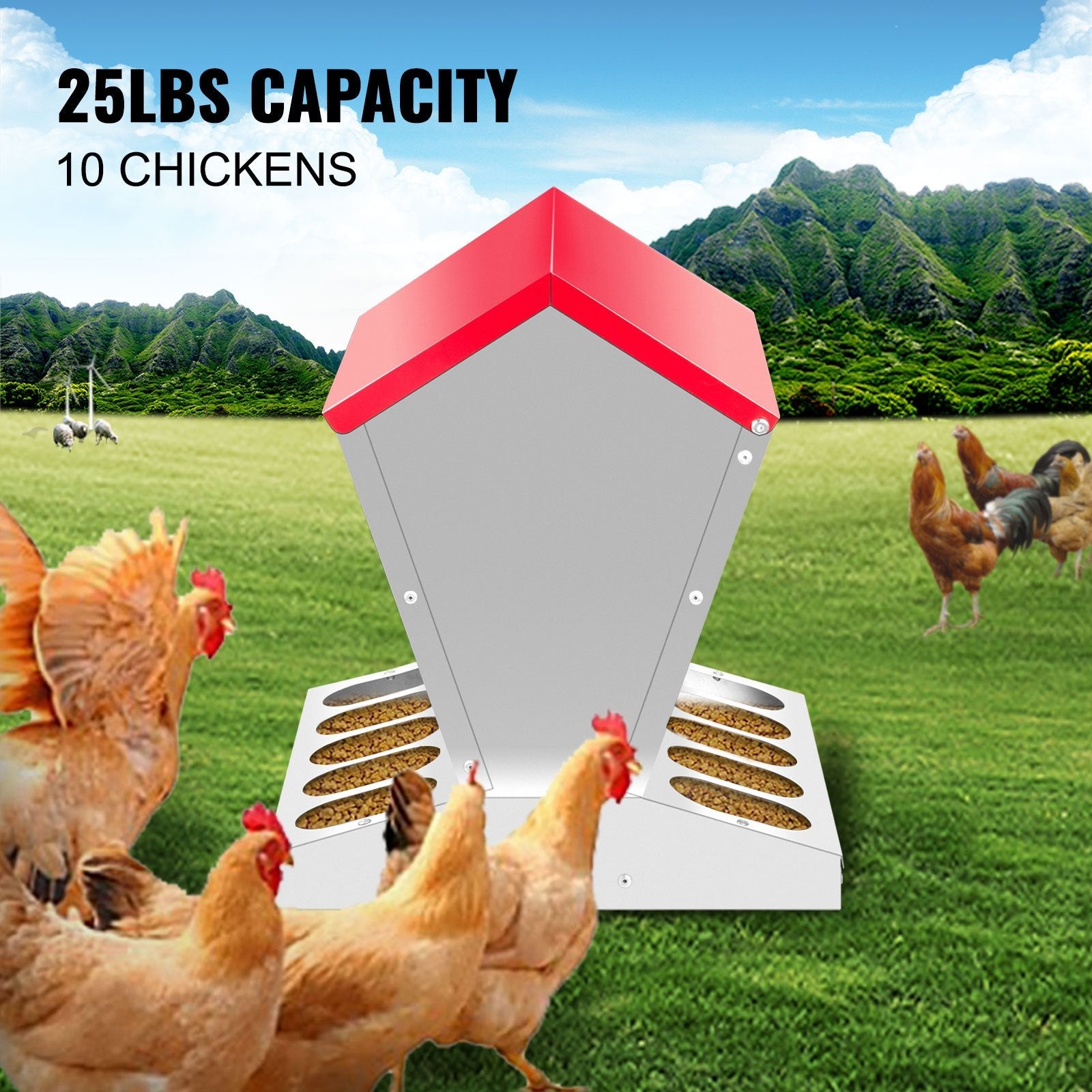 VEVOR Galvanized Poultry Feeder 25lbs Capacity Chicken Feeder No Waste 22lbs Chicken Feeder with Lid 11.75x11.75x15.75in Chicken Feeder and Water for 10 Chickens Automatic Poultry Feeder Outdoor 