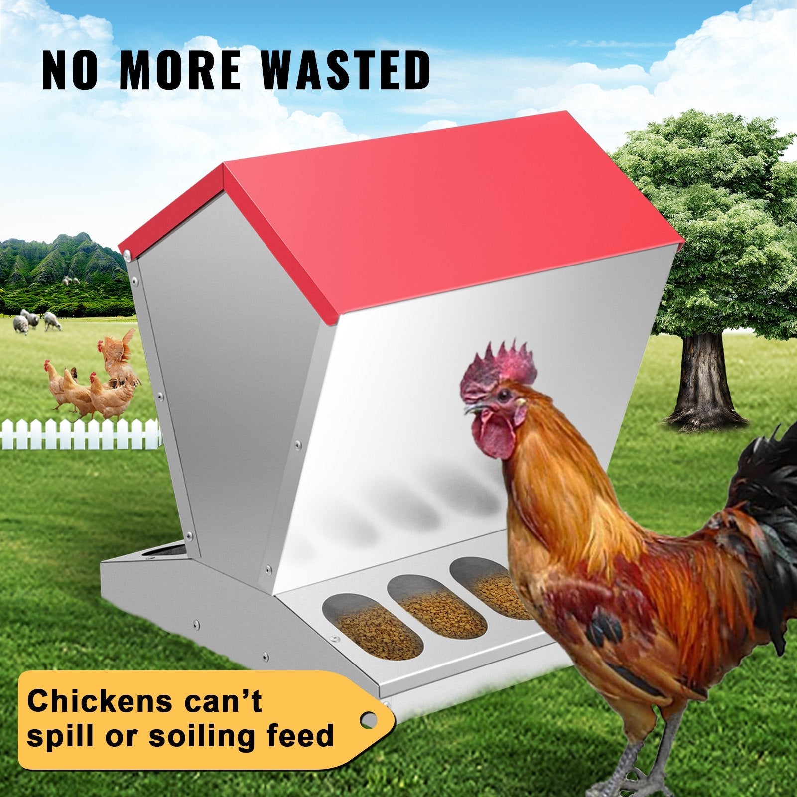 VEVOR Galvanized Poultry Feeder 25lbs Capacity Chicken Feeder No Waste 22lbs Chicken Feeder with Lid 11.75x11.75x15.75in Chicken Feeder and Water for 10 Chickens Automatic Poultry Feeder Outdoor 
