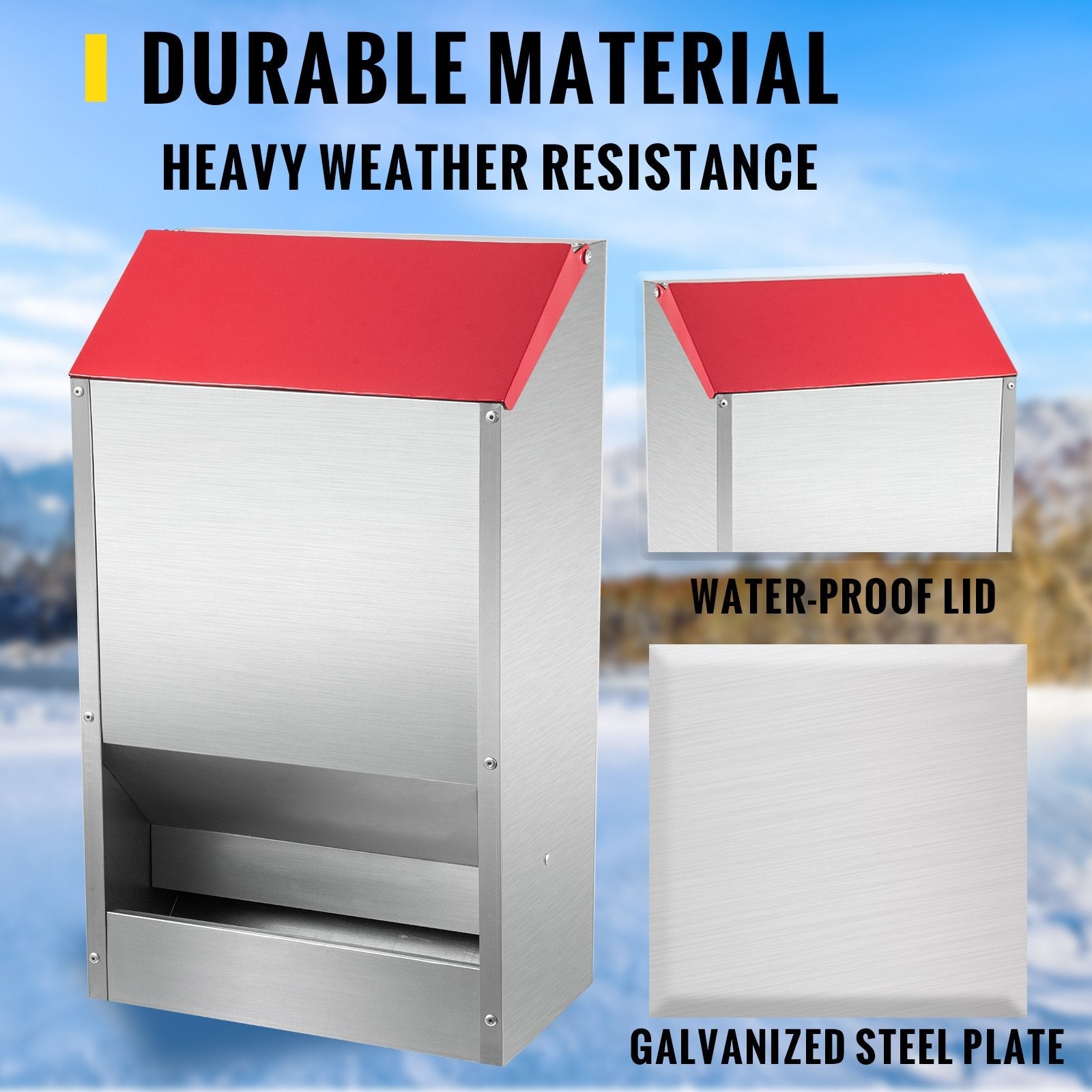VEVOR Galvanized Poultry Feeder Holds 30lbs of Feed Chicken Feeders No Waste 13.8x8.3x17.7in Hanging Chicken Feeder with Lid Weatherproof Outdoor Coop Food Dispenser for Duck 