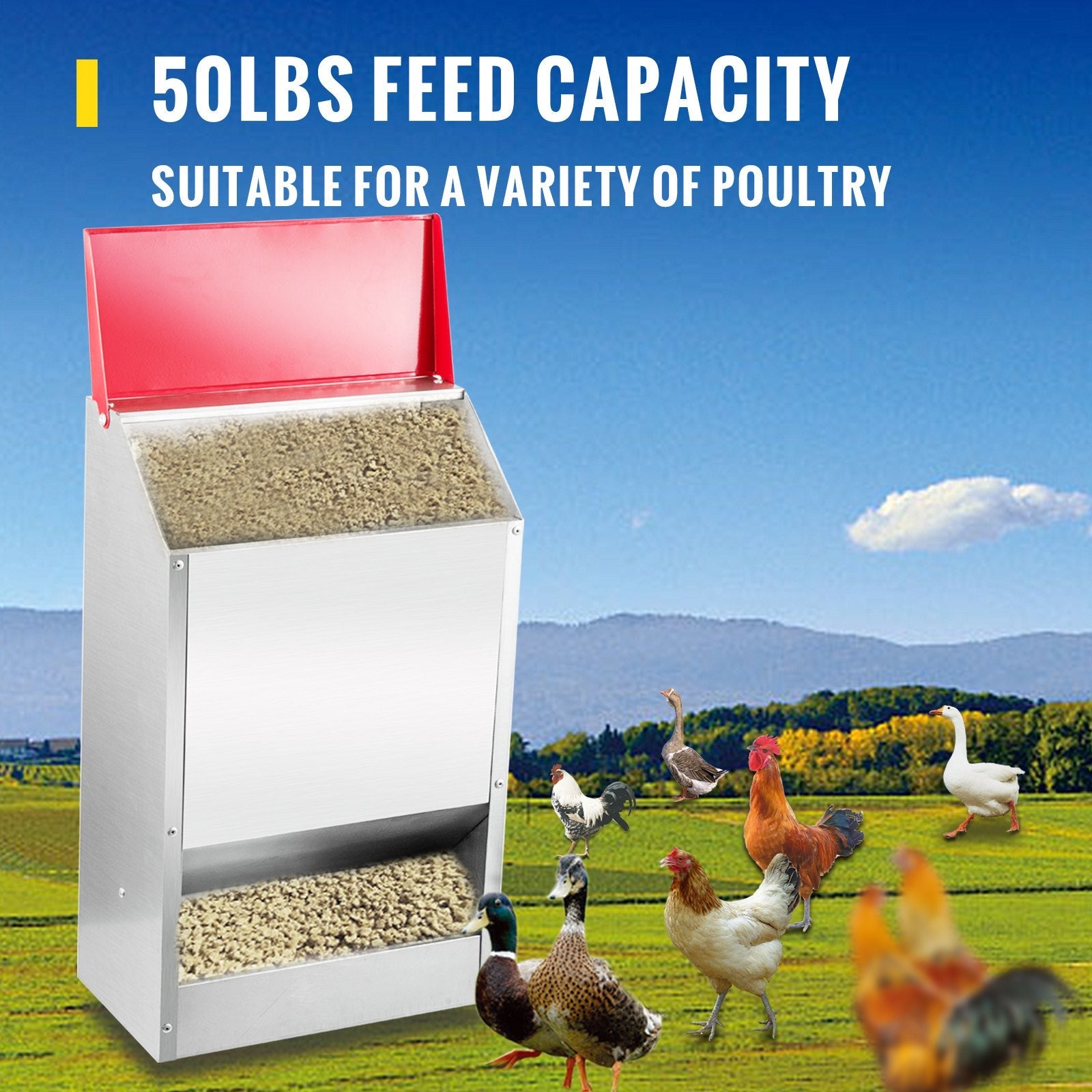 VEVOR Galvanized Poultry Feeder Holds 50lbs of Feed Chicken Feeders No Waste 13.8x11x25.6in Hanging Chicken Feeder with Lid Weatherproof Outdoor Coop Food Dispenser Tilted lid 