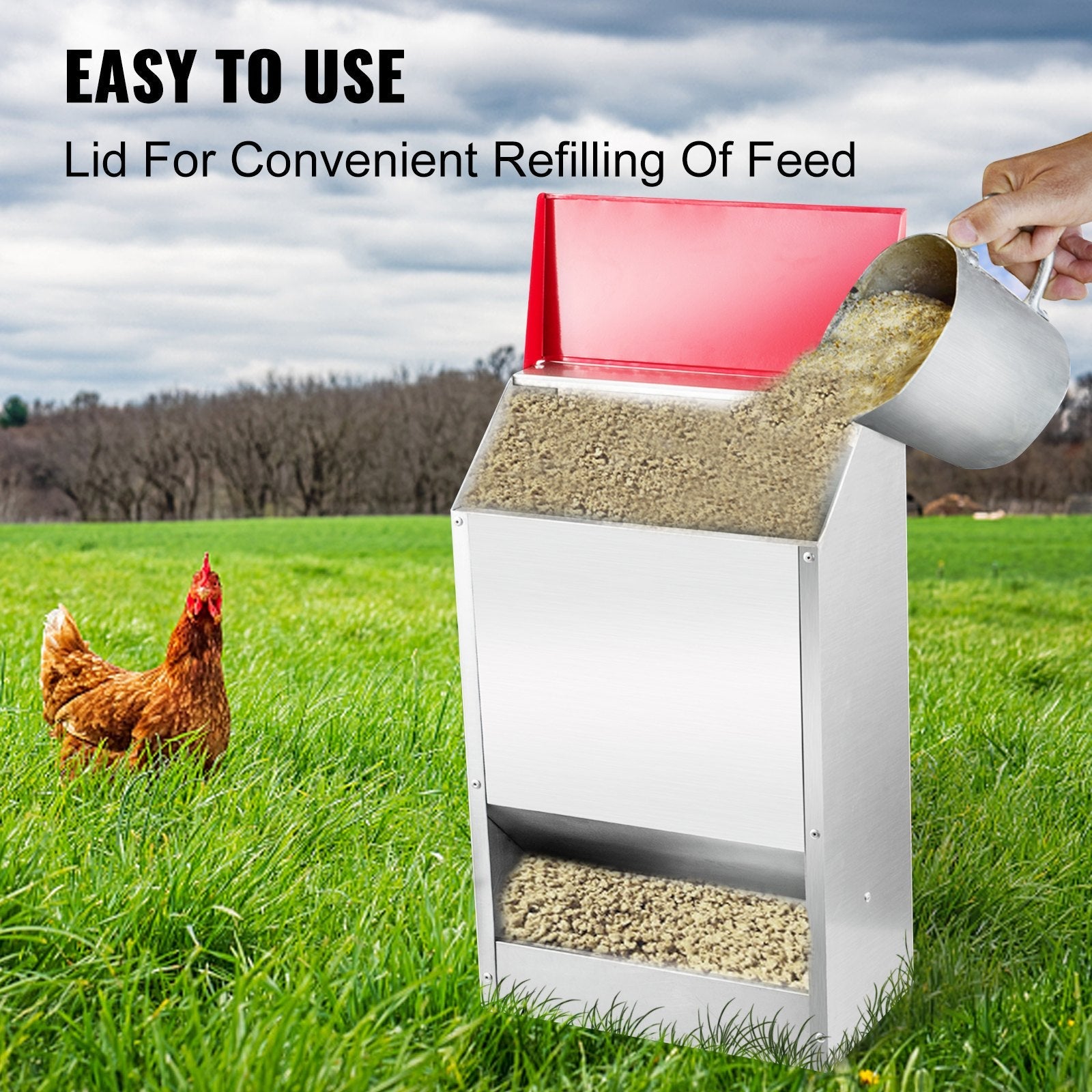 VEVOR Galvanized Poultry Feeder Holds 50lbs of Feed Chicken Feeders No Waste 13.8x11x25.6in Hanging Chicken Feeder with Lid Weatherproof Outdoor Coop Food Dispenser Tilted lid 