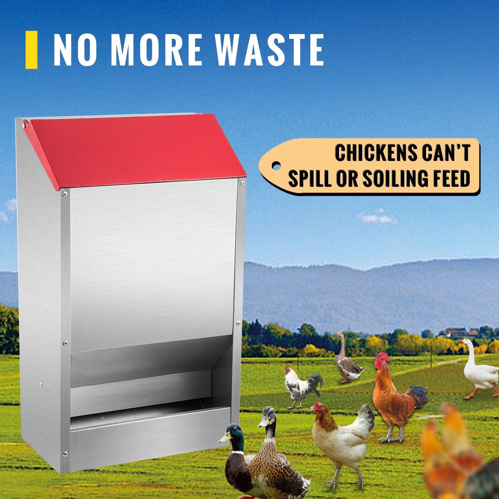 VEVOR Galvanized Poultry Feeder Holds 50lbs of Feed Chicken Feeders No Waste 13.8x11x25.6in Hanging Chicken Feeder with Lid Weatherproof Outdoor Coop Food Dispenser Tilted lid 