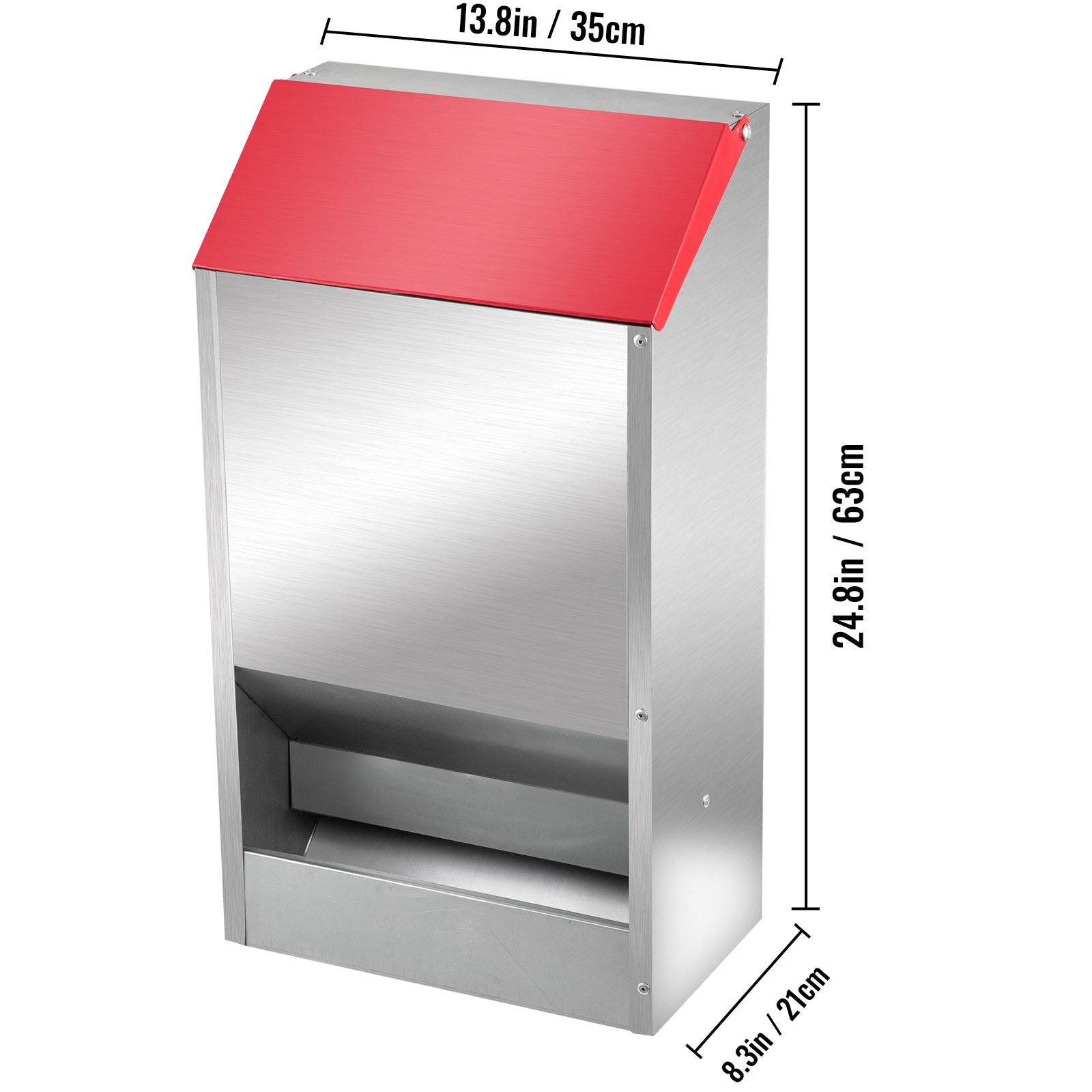 VEVOR Galvanized Poultry Feeder Holds 50lbs of Feed Chicken Feeders No Waste 13.8x11x25.6in Hanging Chicken Feeder with Lid Weatherproof Outdoor Coop Food Dispenser Tilted lid 