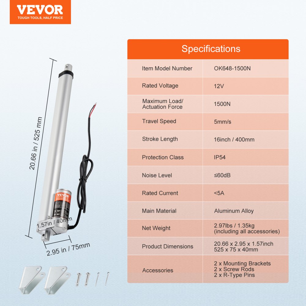 VEVOR Linear Actuator 12V, 16 Inch High Load 330lbs/1500N Linear Actuator, 0.19"/s Linear Motion Actuator with Mounting Bracket and IP54 Protection 