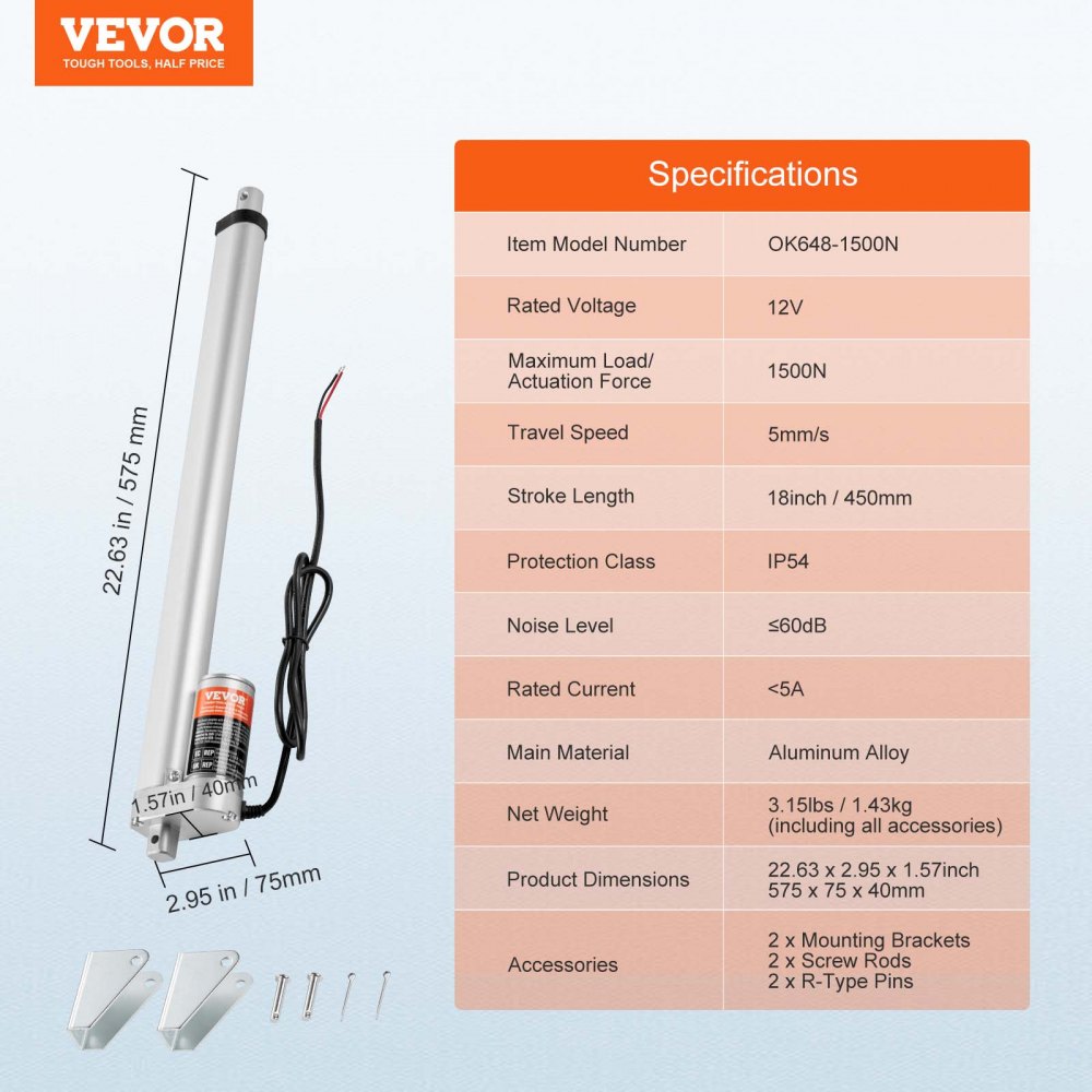 VEVOR Linear Actuator 12V, 18 Inch High Load 330lbs/1500N Linear Actuator, 0.19"/s Linear Motion Actuator with Mounting Bracket and IP54 Protection 