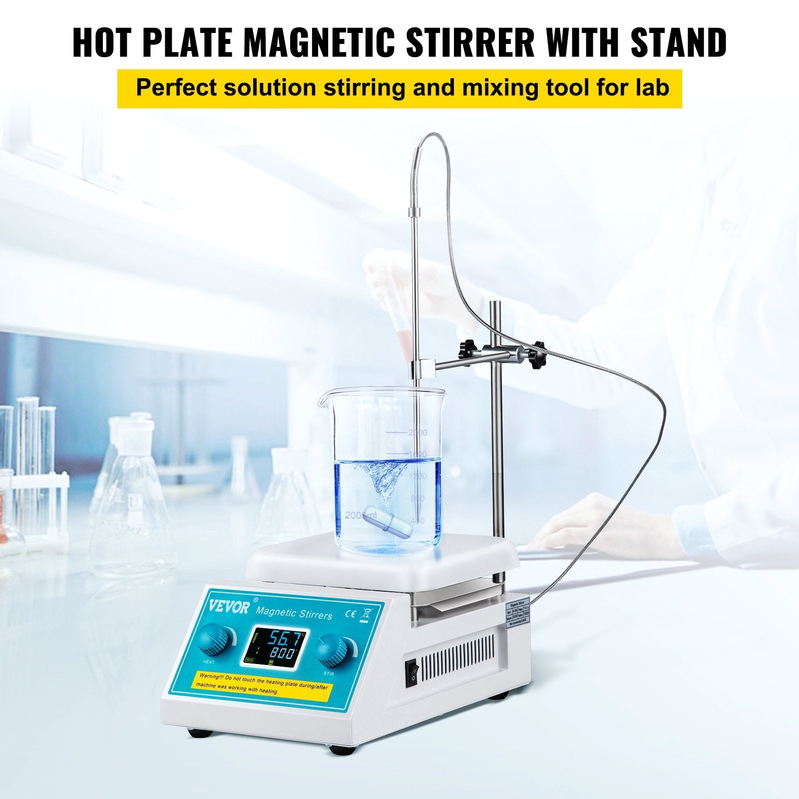 VEVOR Magnetic Stirrer Hot Plate, 200-2000 RPM Digital Hotplate Magnetic Stirrer, 2L Lab Heating Plate Stirrer w/ Support Stand, Max 572°F / 300°C Heating Temperature 500W Heating Power for Lab Mixing 