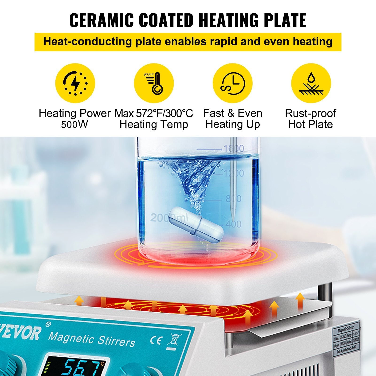 VEVOR Magnetic Stirrer Hot Plate, 200-2000 RPM Digital Hotplate Magnetic Stirrer, 2L Lab Heating Plate Stirrer w/ Support Stand, Max 572°F / 300°C Heating Temperature 500W Heating Power for Lab Mixing 
