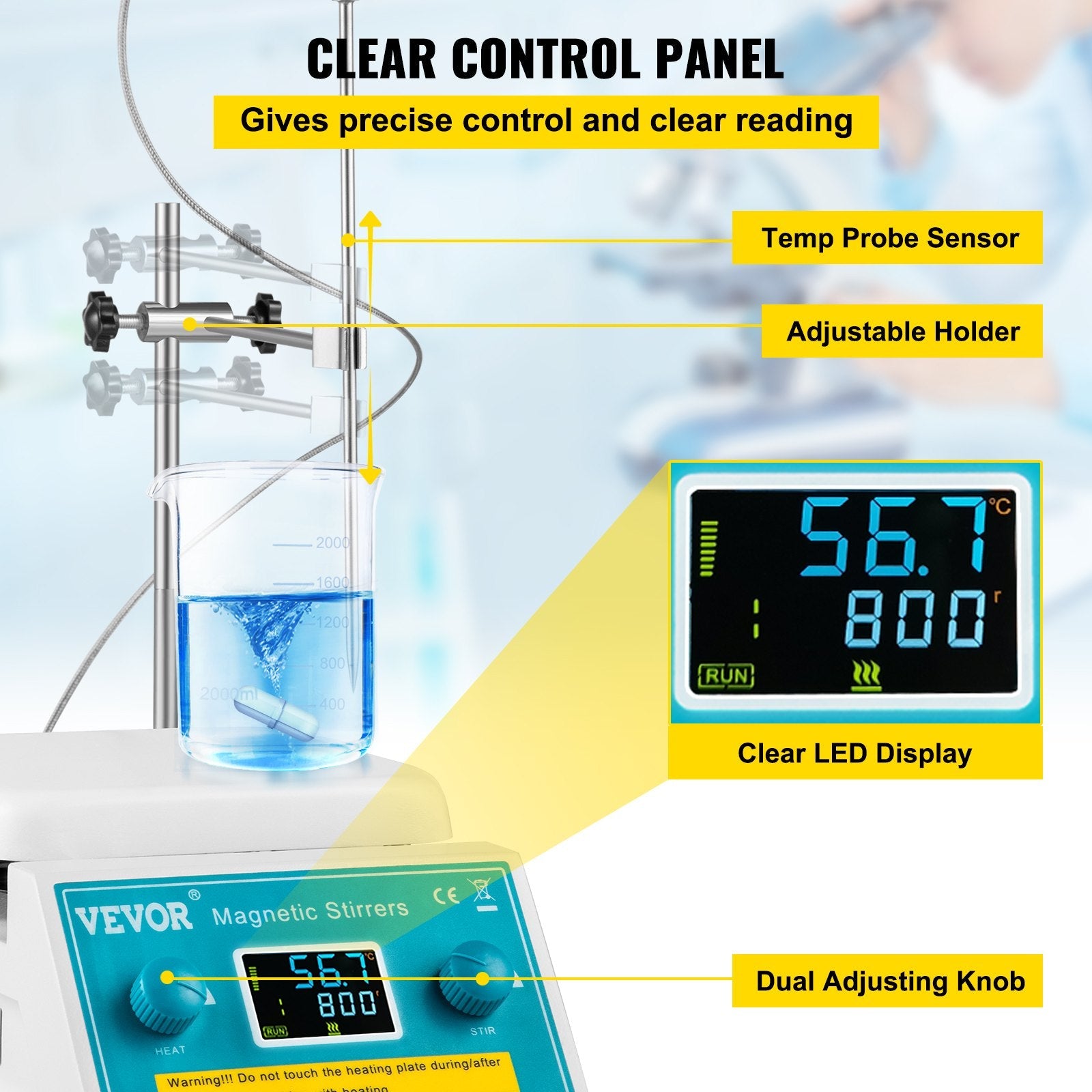 VEVOR Magnetic Stirrer Hot Plate, 200-2000 RPM Digital Hotplate Magnetic Stirrer, 2L Lab Heating Plate Stirrer w/ Support Stand, Max 572°F / 300°C Heating Temperature 500W Heating Power for Lab Mixing 