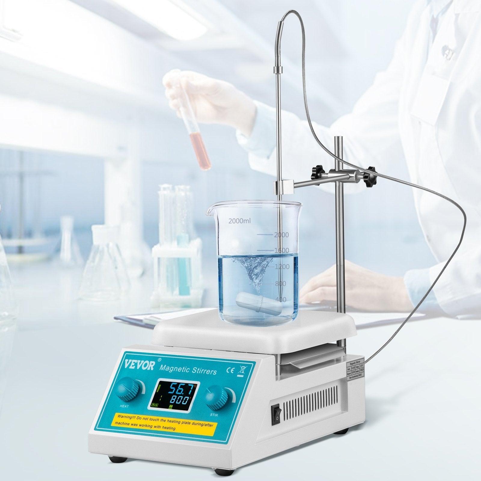 VEVOR Magnetic Stirrer Hot Plate, 200-2000 RPM Digital Hotplate Magnetic Stirrer, 2L Lab Heating Plate Stirrer w/ Support Stand, Max 572°F / 300°C Heating Temperature 500W Heating Power for Lab Mixing 