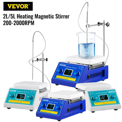 VEVOR Magnetic Stirrer Hot Plate, 200-2000 RPM Digital Hotplate Magnetic Stirrer, 2L Lab Heating Plate Stirrer w/ Support Stand, Max 572°F / 300°C Heating Temperature 500W Heating Power for Lab Mixing 
