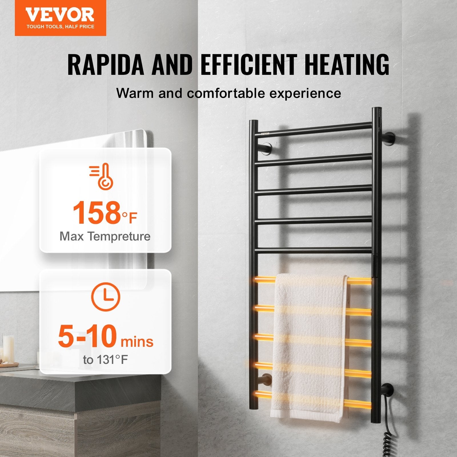 VEVOR 10-Bar Towel Warmer Rack Wall Mounted Heated Towel Rack for Bathroom Black 