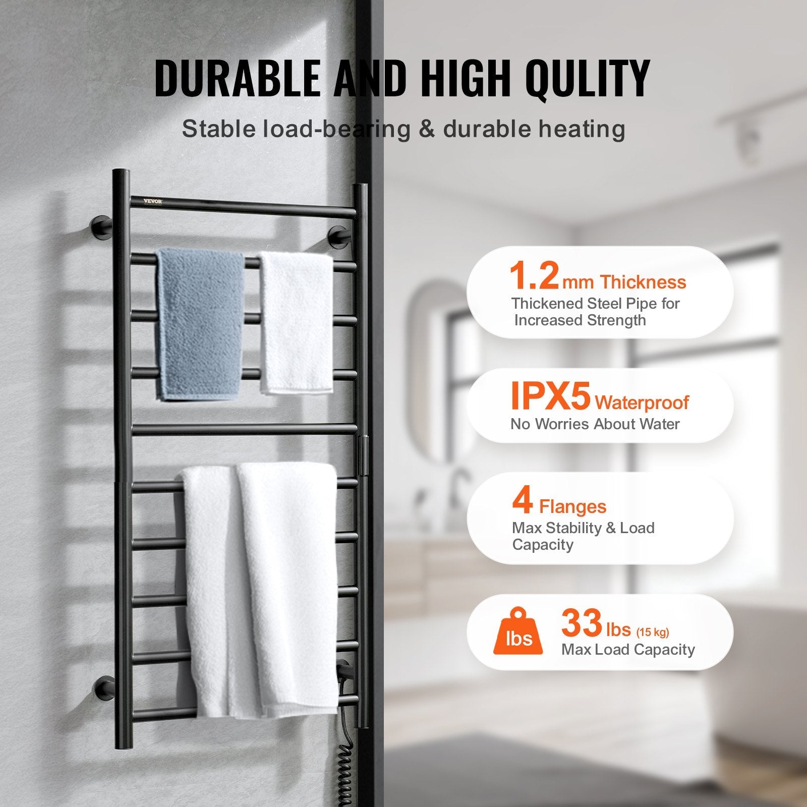 VEVOR 10-Bar Towel Warmer Rack Wall Mounted Heated Towel Rack for Bathroom Black 