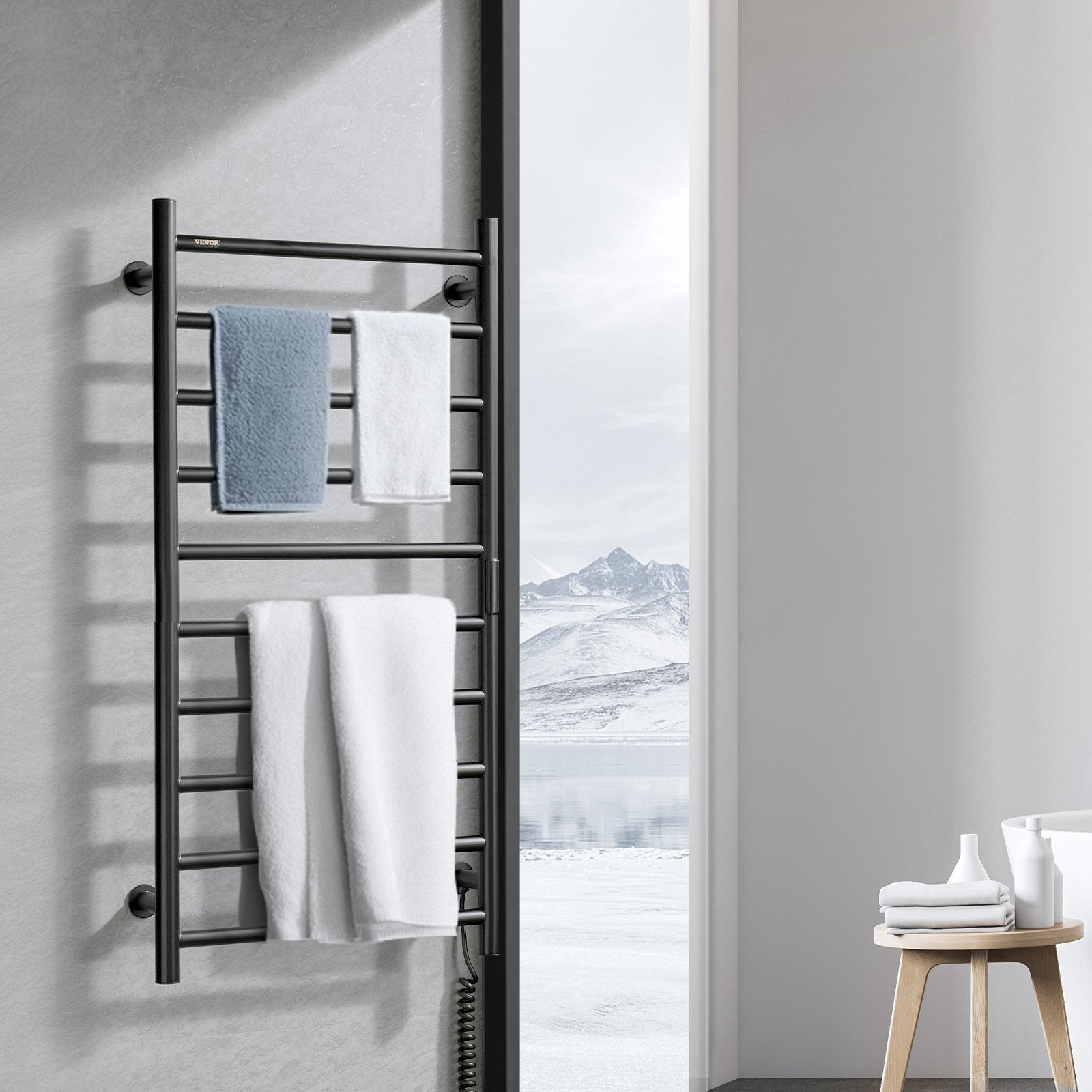 VEVOR 10-Bar Towel Warmer Rack Wall Mounted Heated Towel Rack for Bathroom Black 
