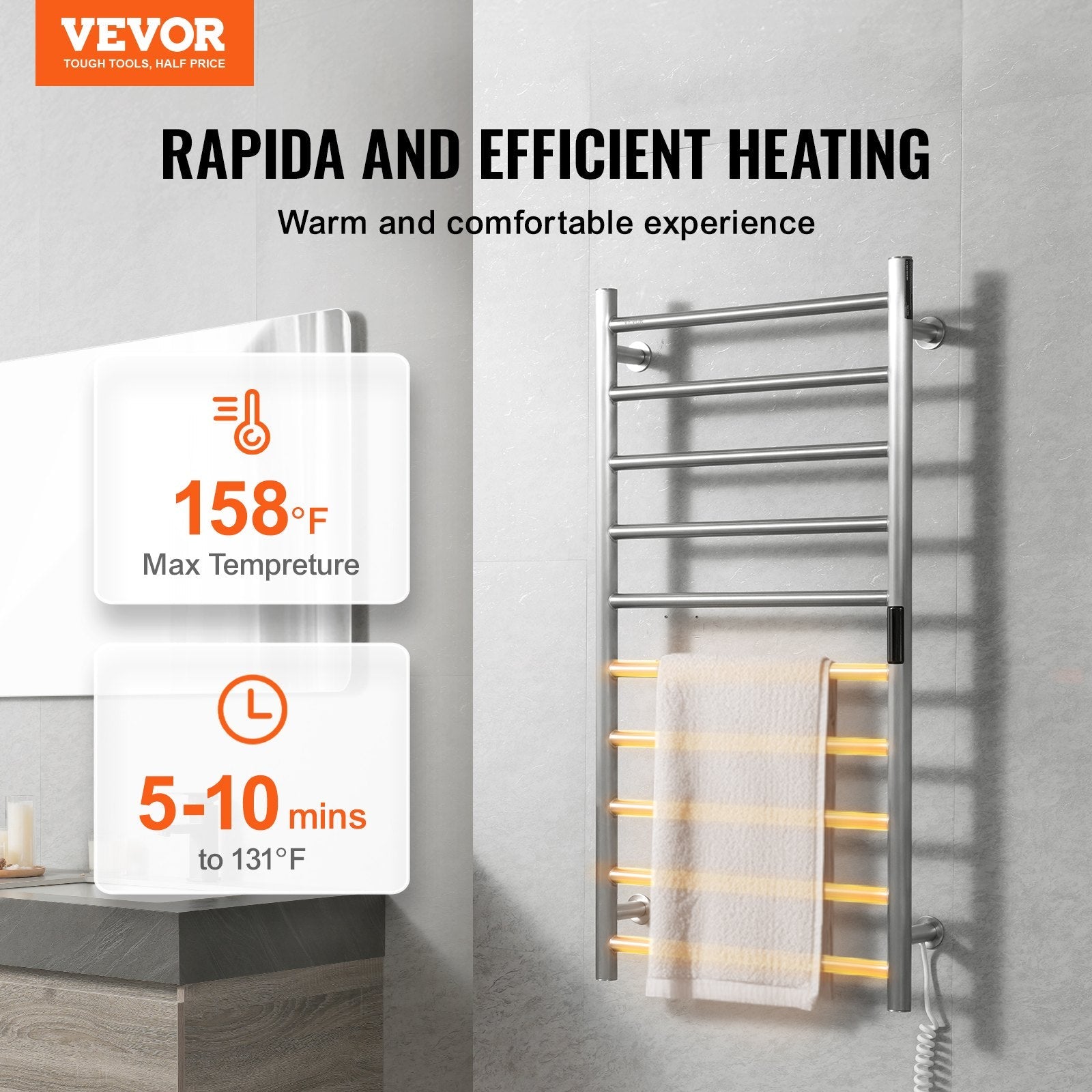 VEVOR 10 Bars Towel Warmer Rack Wall Mounted Heated Towel Rack Bathroom Silver 