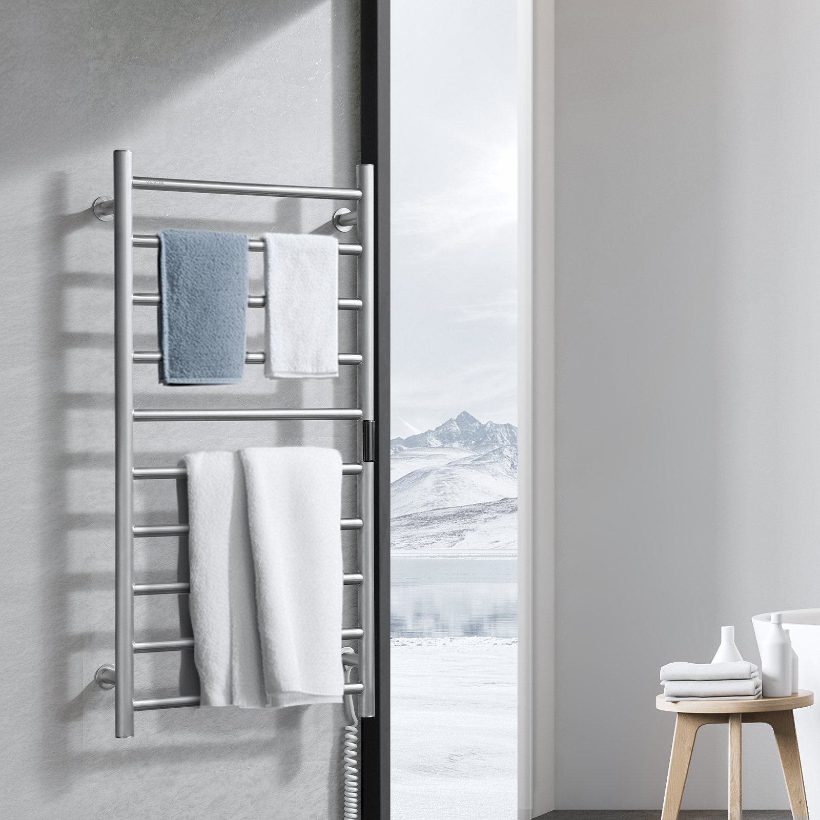 VEVOR 10 Bars Towel Warmer Rack Wall Mounted Heated Towel Rack Bathroom Silver 