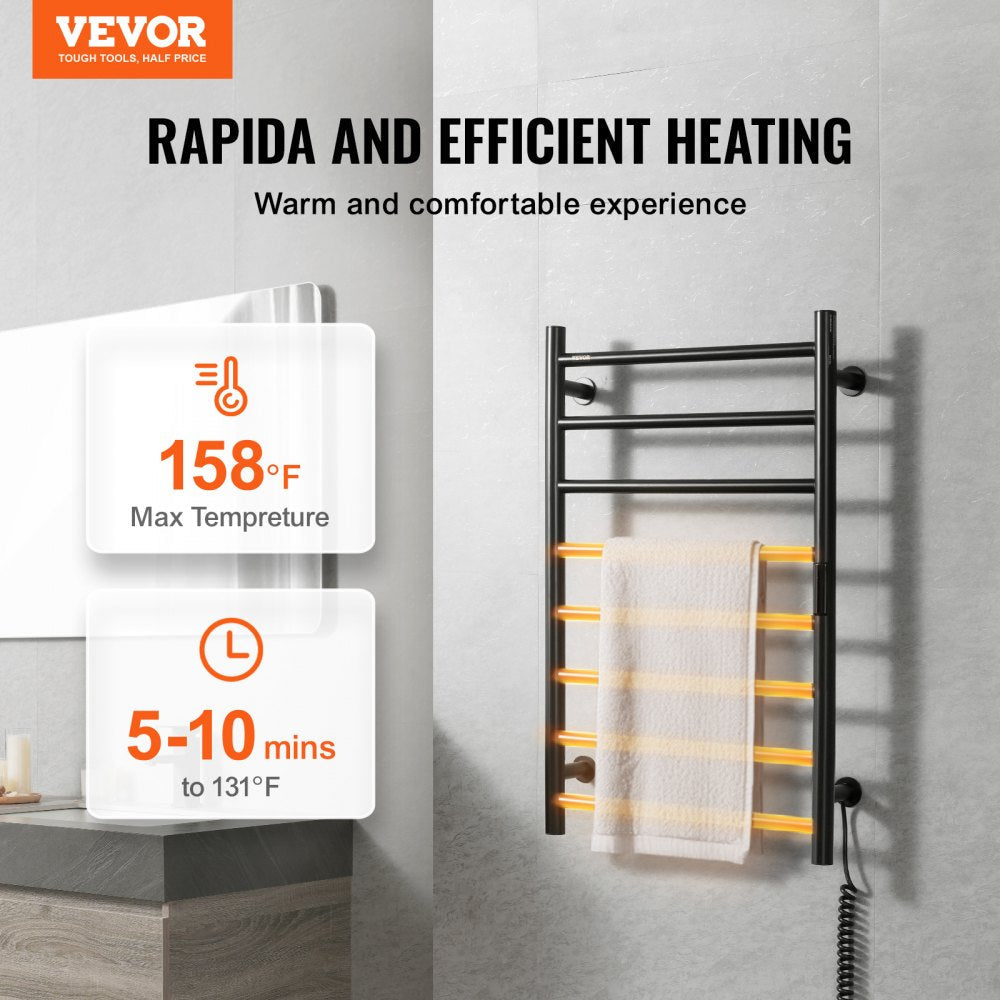 VEVOR 8 Bars Towel Warmer Rack Wall Mounted Heated Towel Rack for Bathroom Black 