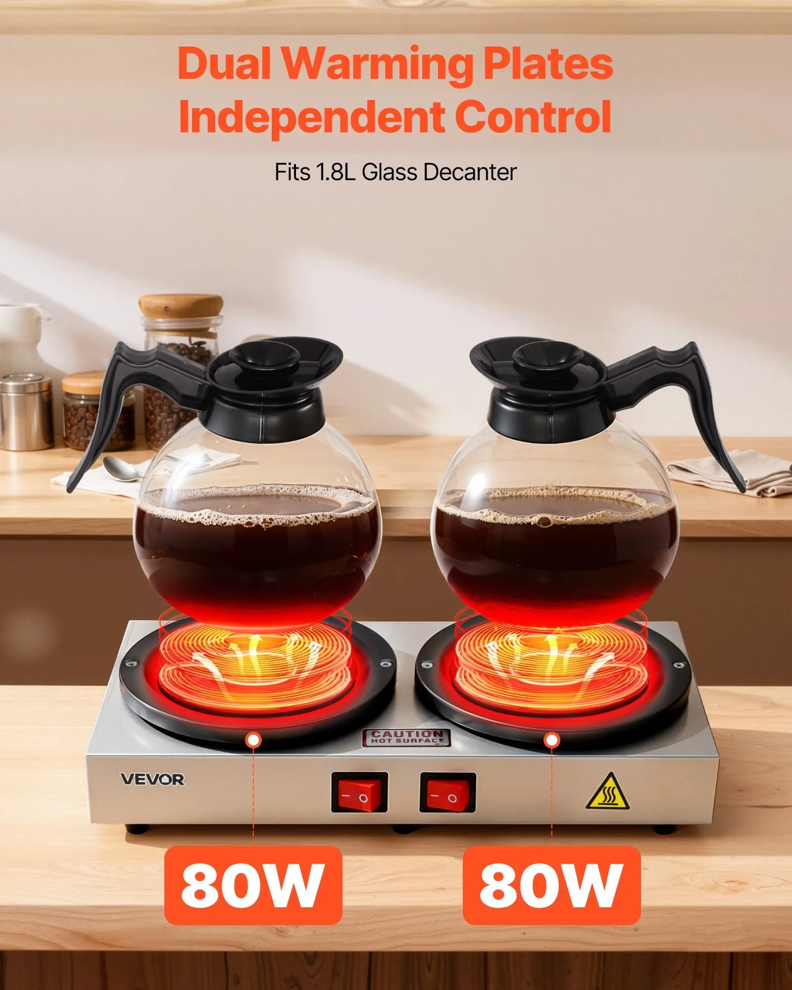 VEVOR Commercial Coffee Decanter Warm Plate, 80W x 2 Coffee-Carafe Warmer, Dual Warming Plates with Independent Control, Fits 1.8L Standard Glass Decanter, for Coffee Shop, Home, Office & Restaurant 