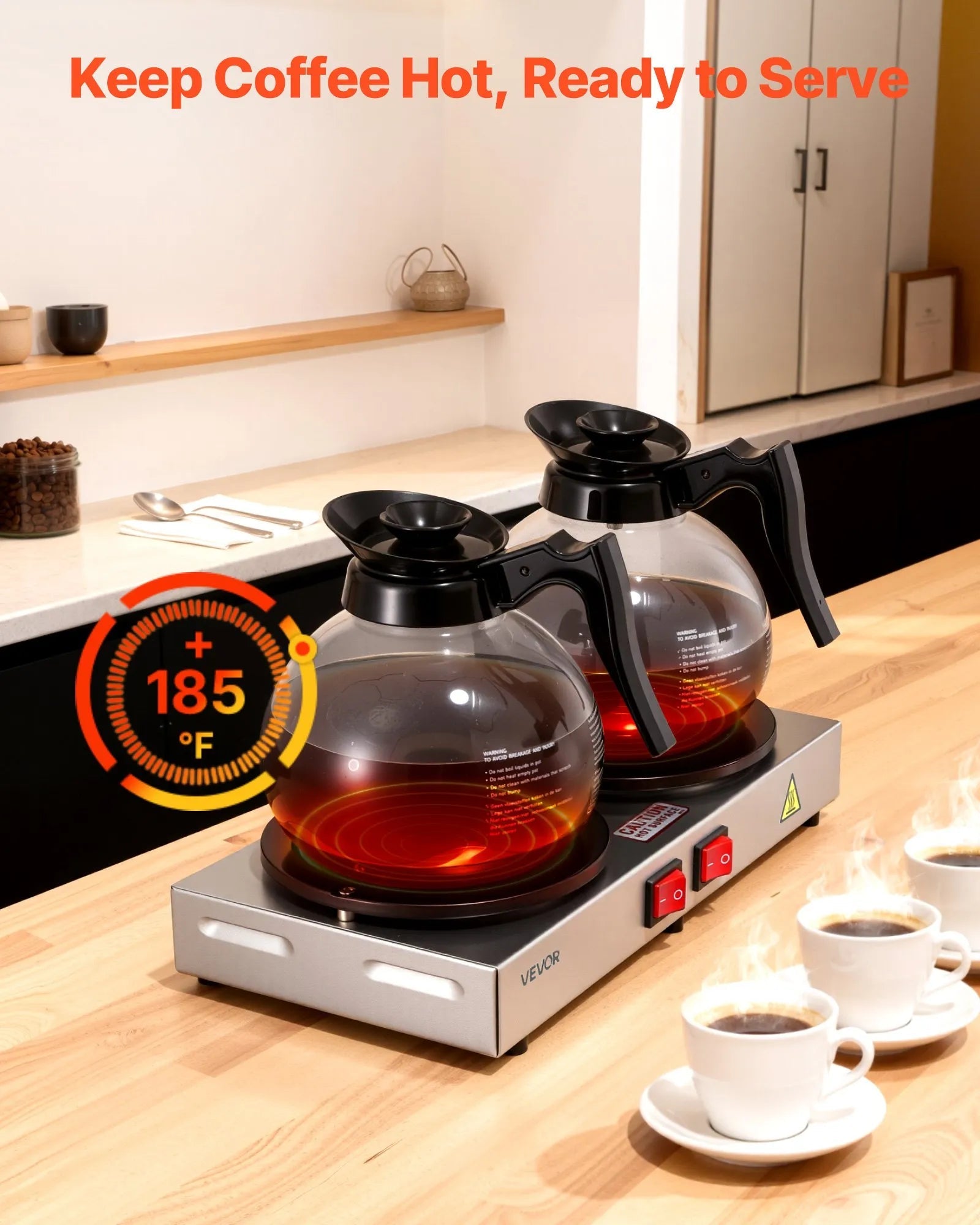 VEVOR Commercial Coffee Decanter Warm Plate, 80W x 2 Coffee-Carafe Warmer, Dual Warming Plates with Independent Control, Fits 1.8L Standard Glass Decanter, for Coffee Shop, Home, Office & Restaurant 