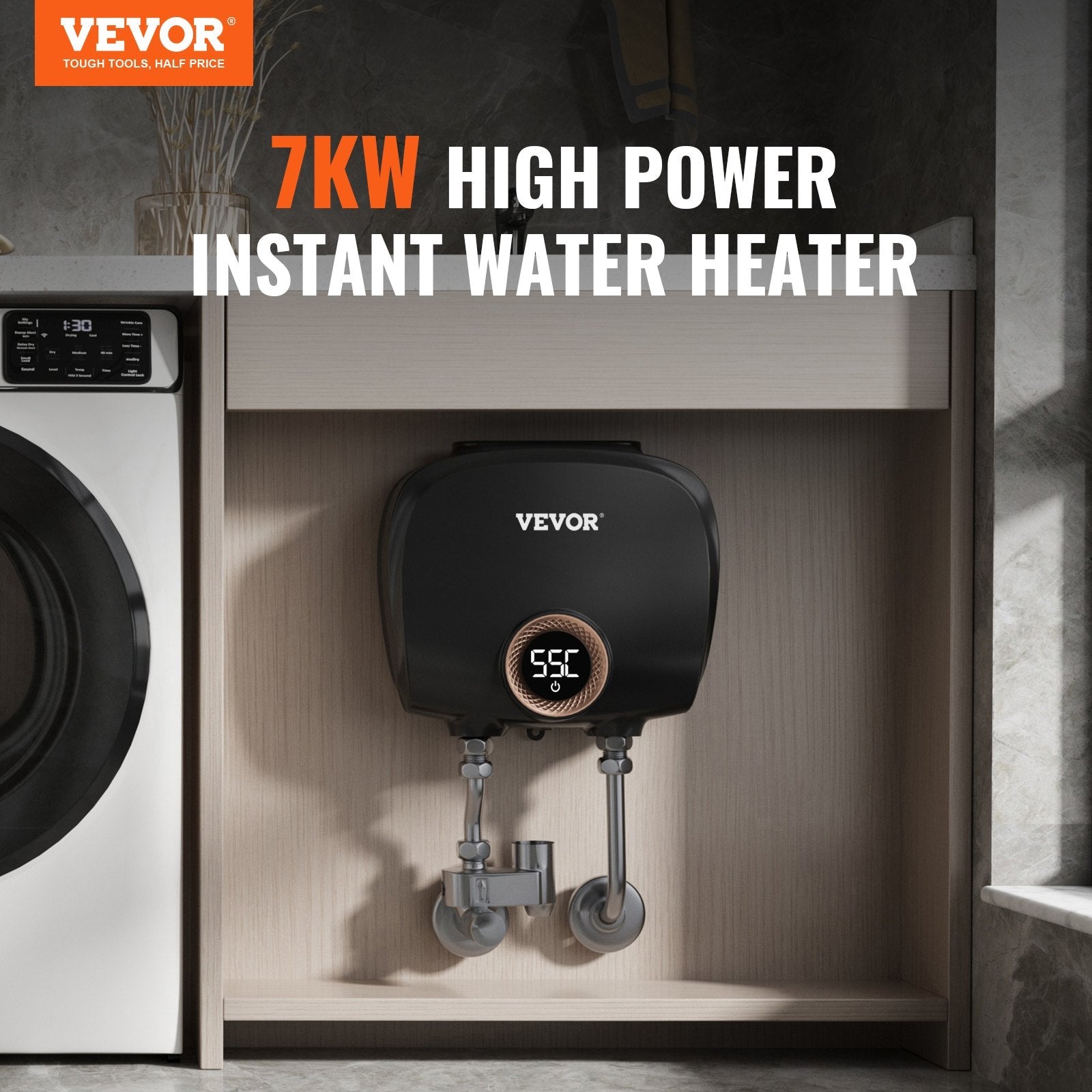 VEVOR Tankless Water Heater Electric, 7kw On Demand Instant Under Sink Water Boiler, Digital Temperature Display & Easy Installation & 24-Hour Water Supply, For Kitchen Bathroom Faucet And Shower 