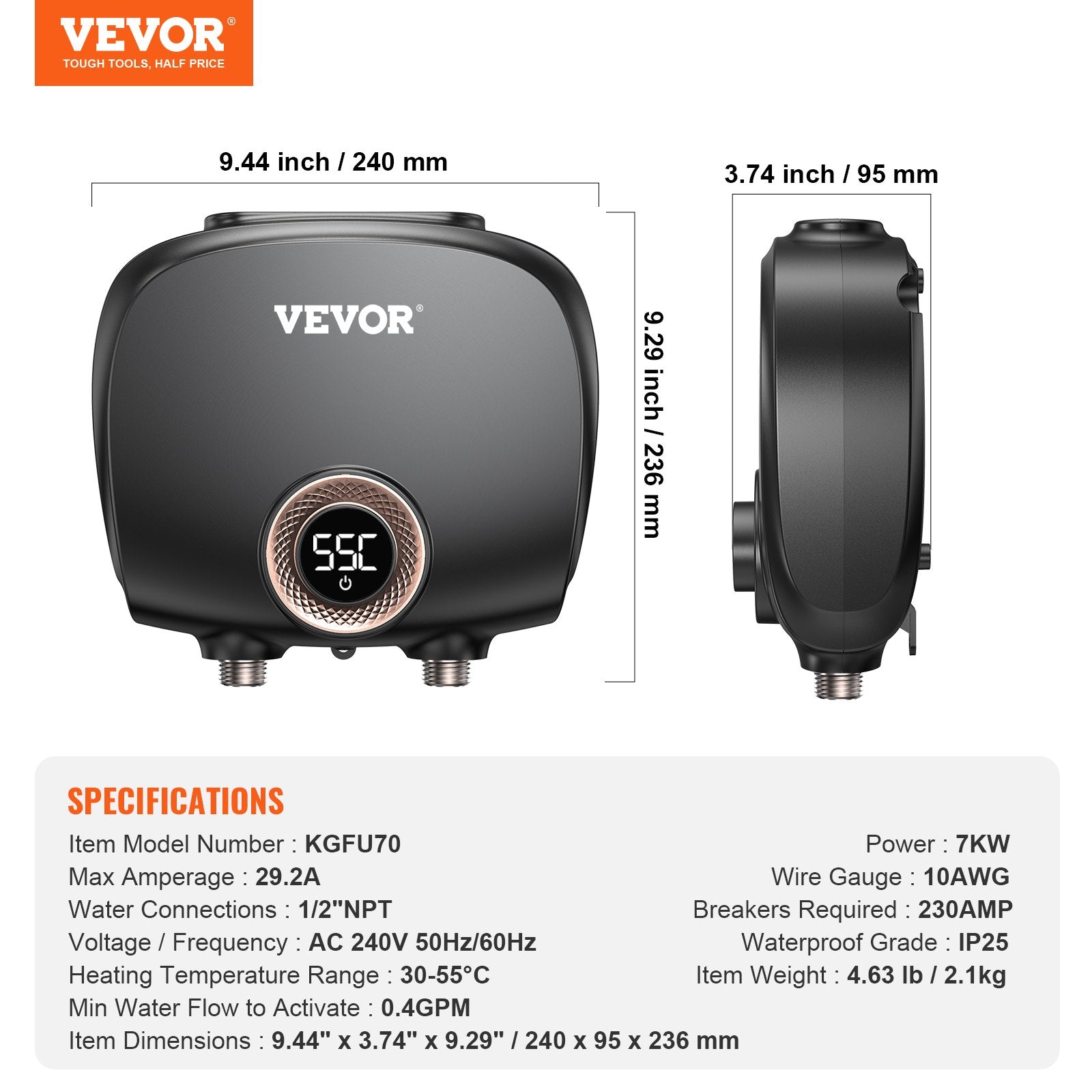 VEVOR Tankless Water Heater Electric, 7kw On Demand Instant Under Sink Water Boiler, Digital Temperature Display & Easy Installation & 24-Hour Water Supply, For Kitchen Bathroom Faucet And Shower 