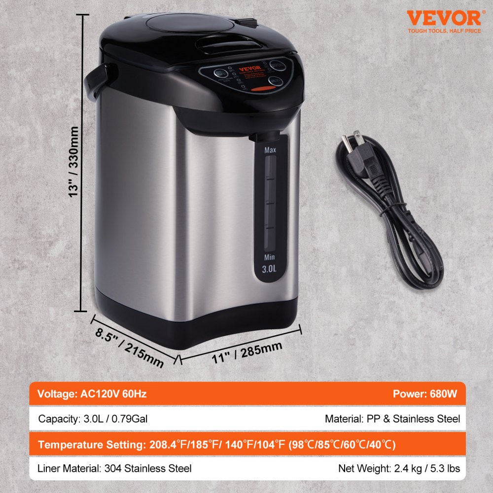 VEVOR Hot Water Dispenser, Adjustable 4 Temperatures Water Boiler and Warmer, 304 Stainless Steel Countertop Water Heater, 3-Way Dispense for Tea, Coffee and Baby Formula, 3L/102 oz 