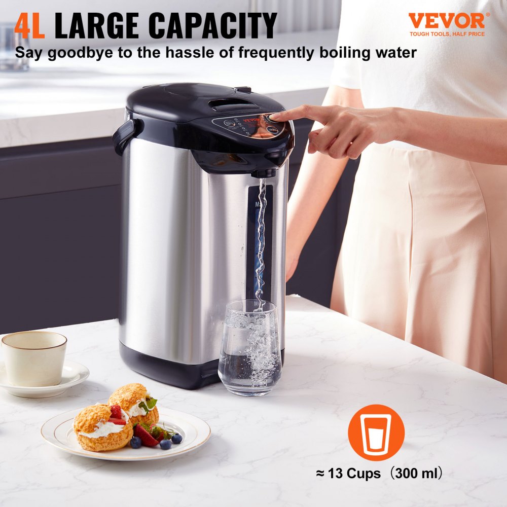 VEVOR Hot Water Dispenser, Adjustable 4 Temperatures Water Boiler and Warmer, 304 Stainless Steel Countertop Water Heater, 3-Way Dispense for Tea, Coffee and Baby Formula, 4L/135 oz 